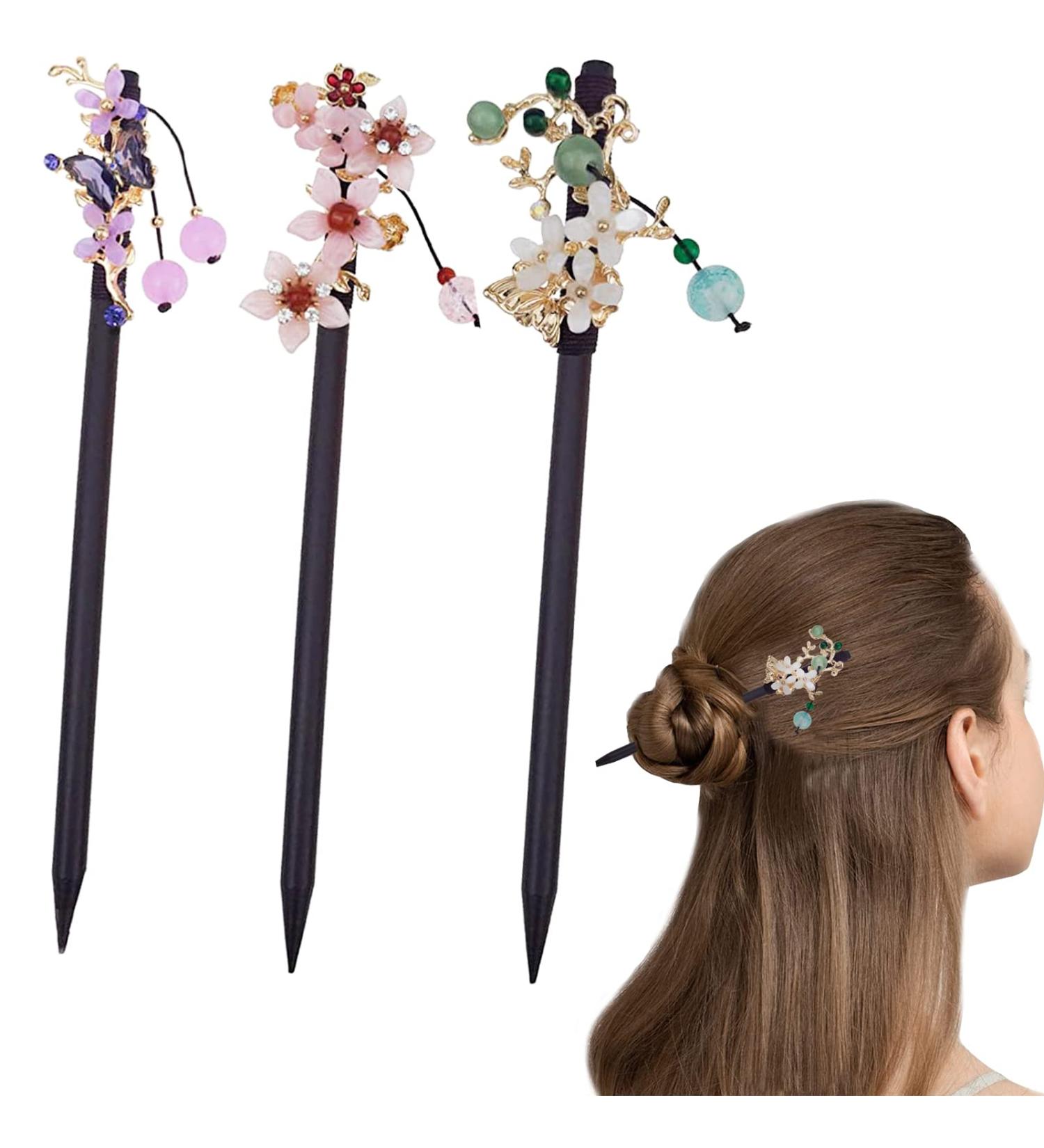 3 Pack Vintage Wooden Chinese Flower Hair Sticks - Handmade Japanese Style Headpiece for Women - Buy Online on GoSupps.com