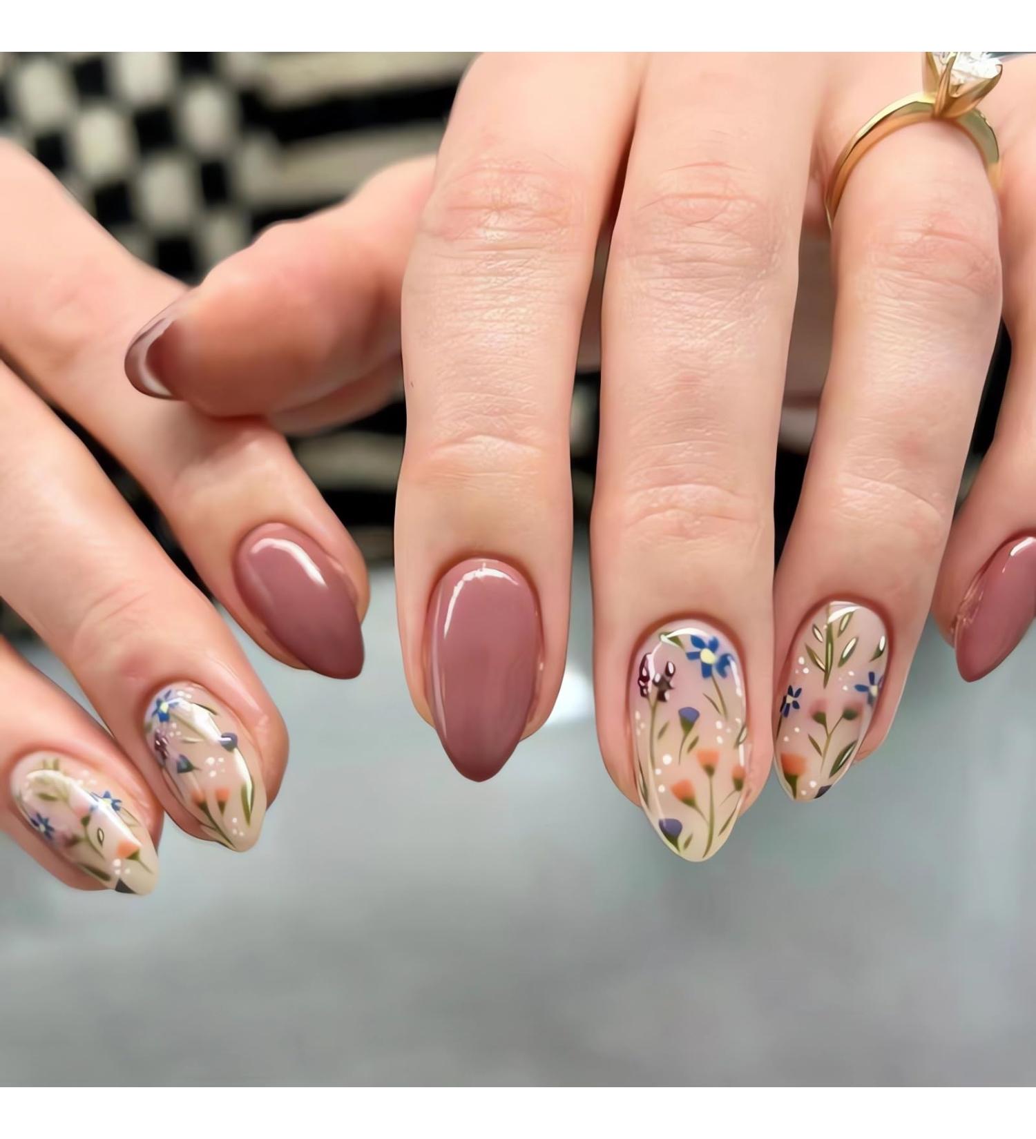Buy Short Press on Nails - Almond Brown Flower Designs | Extra Short Ombre Fake Nails for Women | Glossy Stick-On Acrylic Nails Kit - Buy Online on GoSupps.com