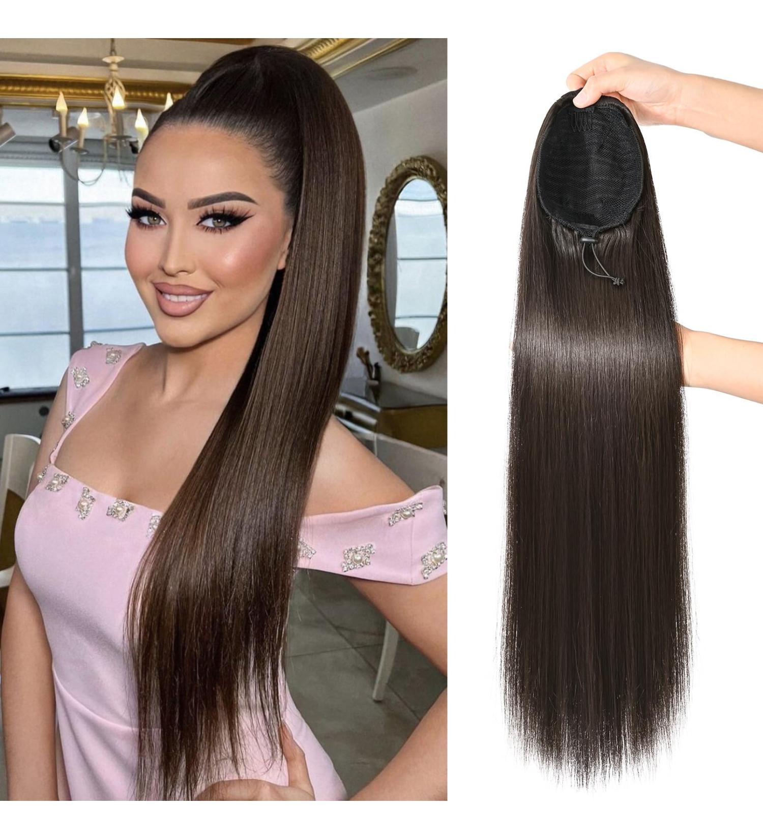 REECHO 28 Long Straight Dark Brown Synthetic Drawstring Ponytail Extension for Women - Buy Online on GoSupps.com