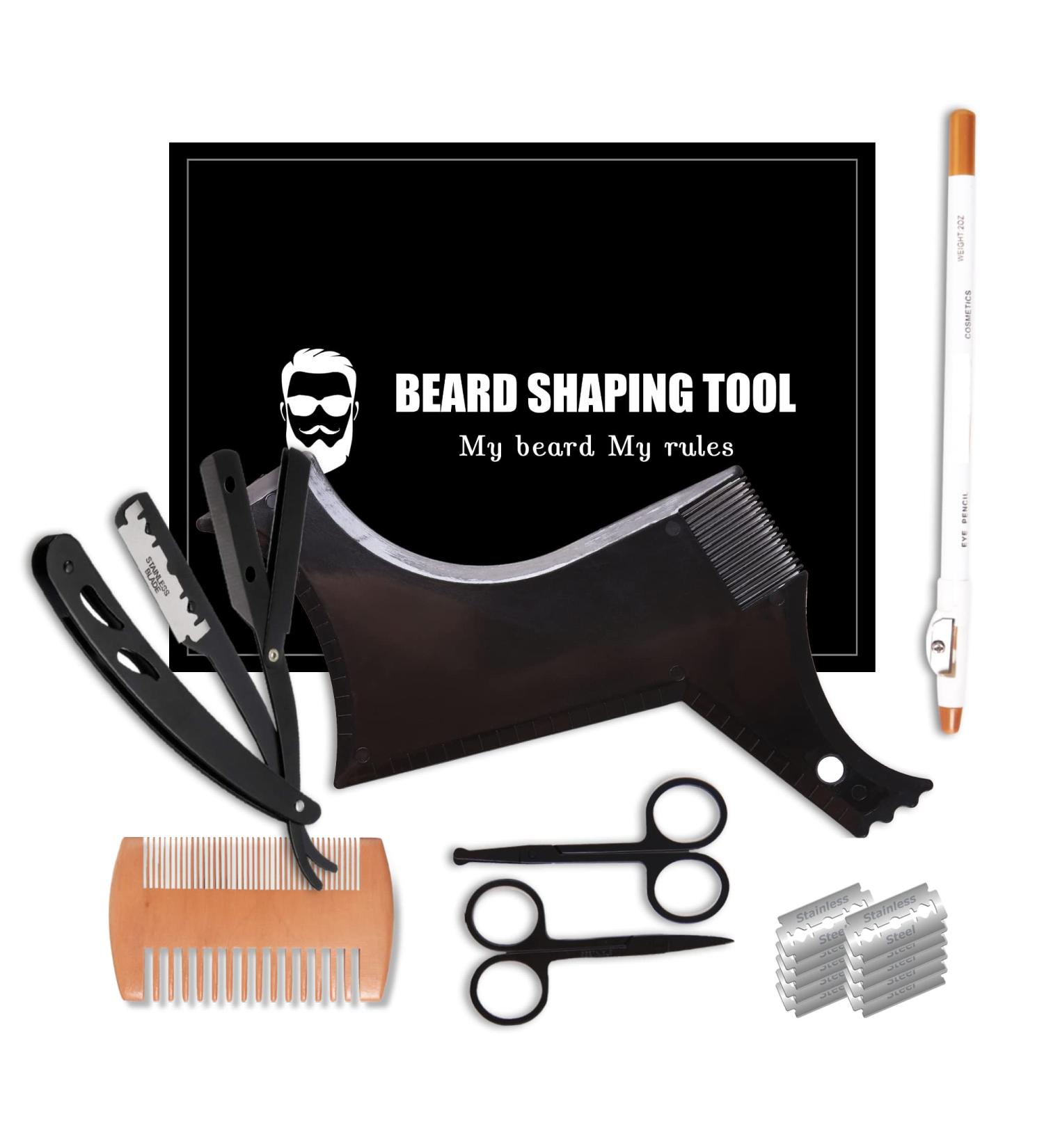 Beard Shaper Kit with Straight Edge Razor, Stainless Steel Scissors, Comb, Template Guide - 10 Double Edge Blades and Barber Pencil Included - Buy Online on GoSupps.com