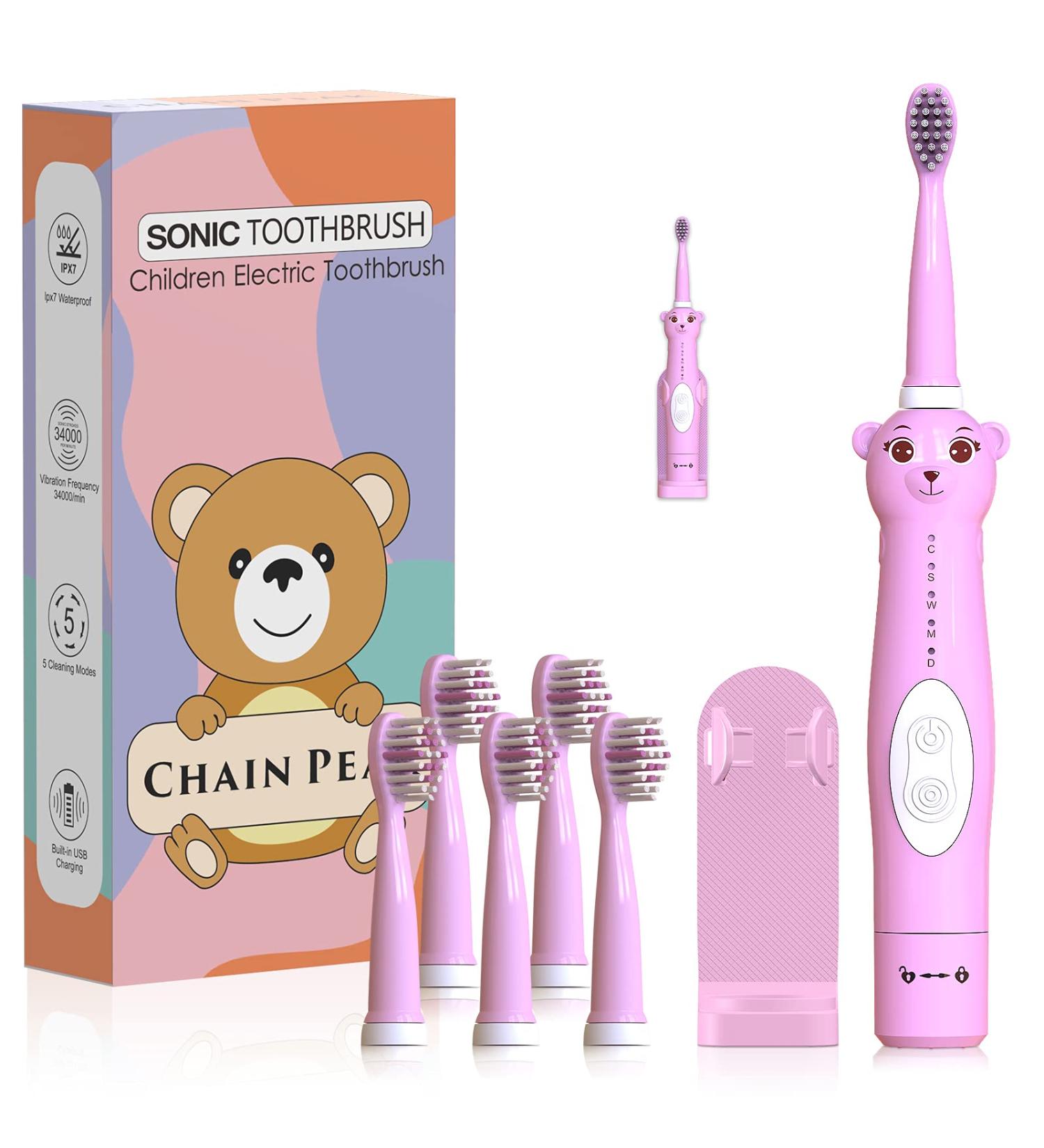 CHAIN PEAK Kids Sonic Electric Toothbrush Rechargeable Cute Bear Design - Ages 3-12, 5 Modes, 30s Reminder, 2 Min Timer - Includes 6 Brush Heads, Wall-Mounted Holder - Pink - Buy Online on GoSupps.com
