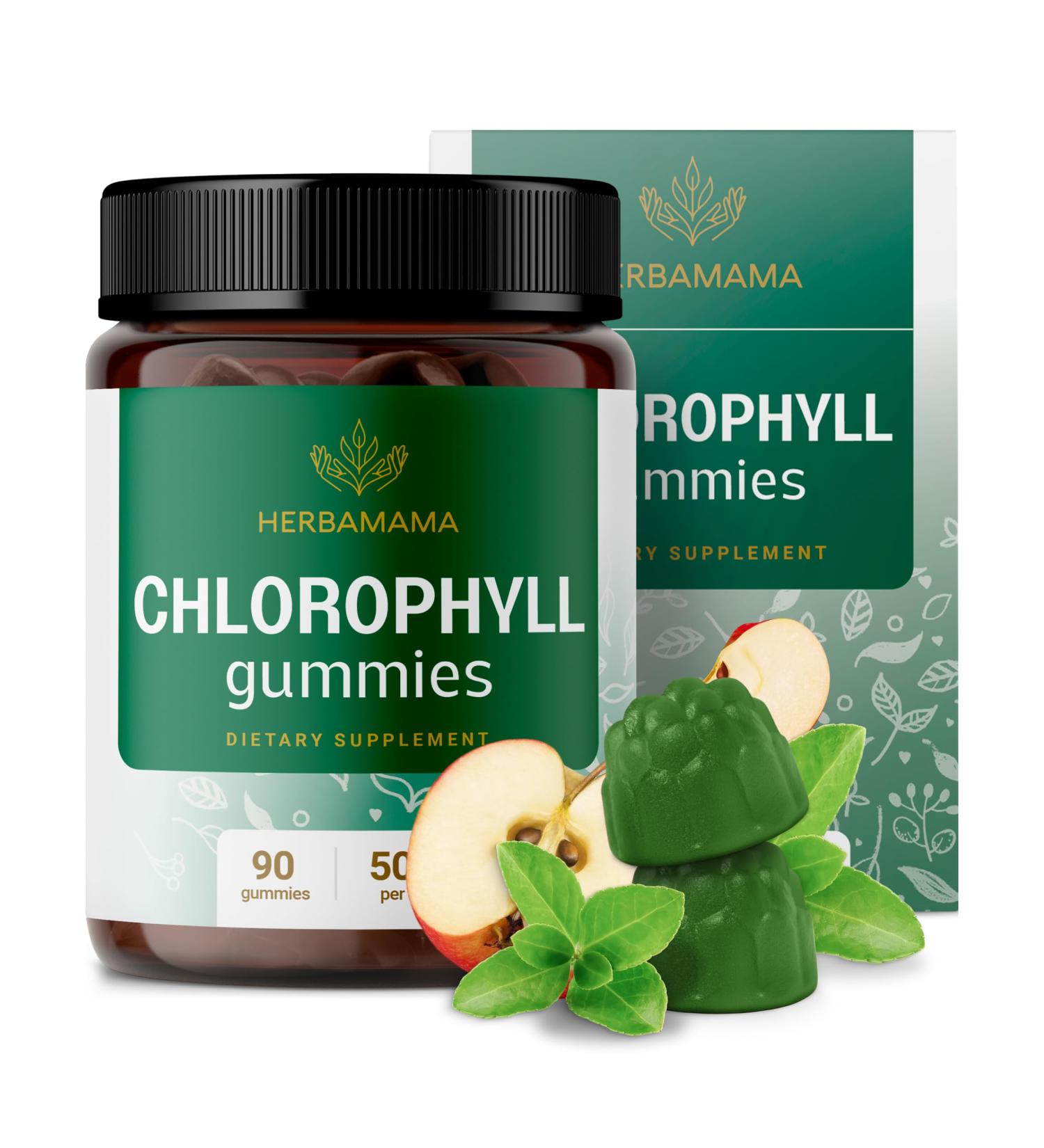 HERBAMAMA Chlorophyll Detox Gummies - 50mg Sodium Copper Chlorophyllin Internal Deodorant for Body Odor Support - Vegan Non-GMO Antioxidant Supplement - 90 Pectin-Based Apple-Flavored Chews - Buy Online on GoSupps.com
