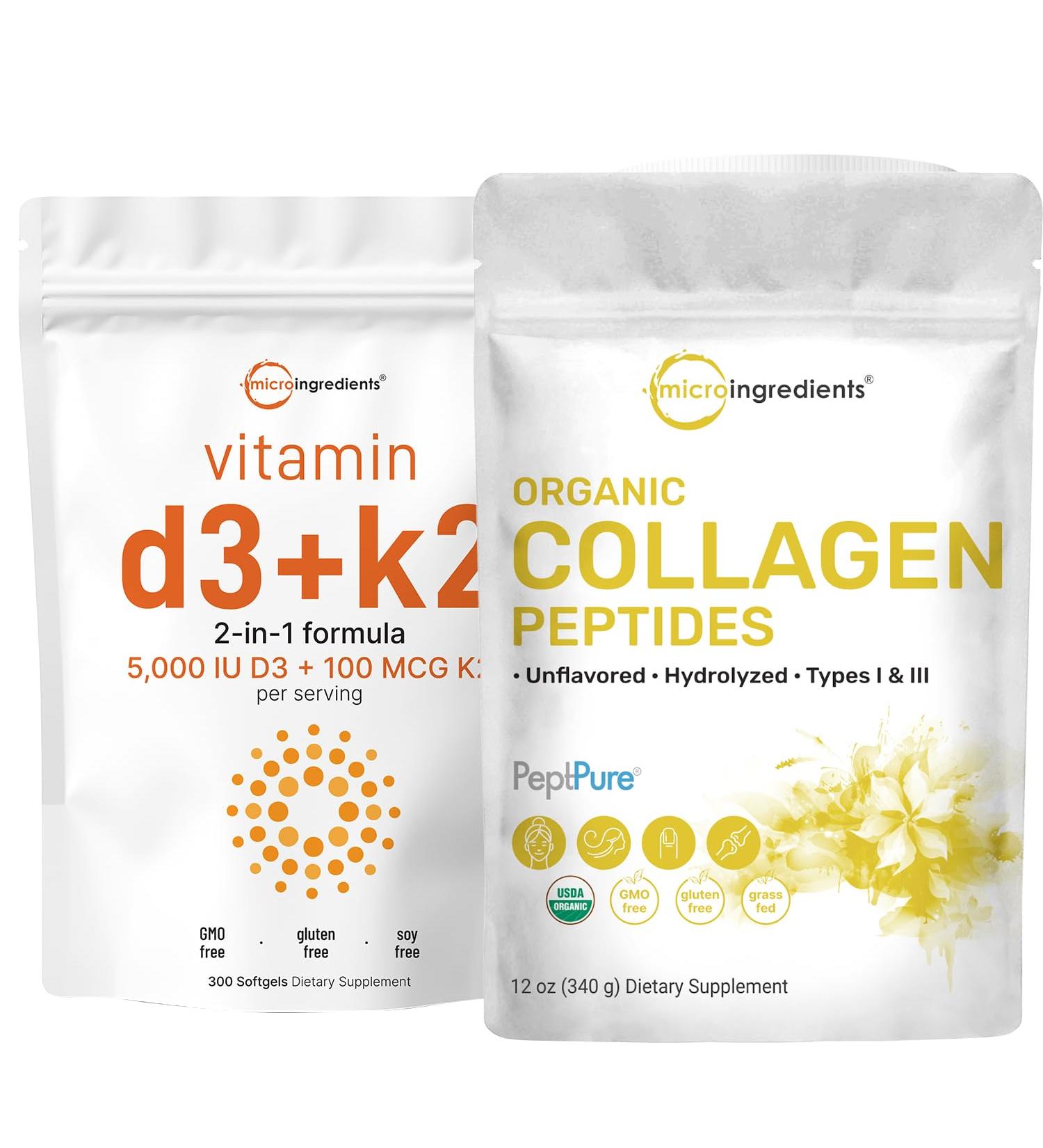 Micro Ingredients Vitamin D3 5 000iu + K2 100mcg Softgels & Organic Collagen Peptides Powder Bundle 2 Pack | Essential Sunshine Vitamins | Hydrolyzed Type I & III Bovine Collagen - Buy Online on GoSupps.com