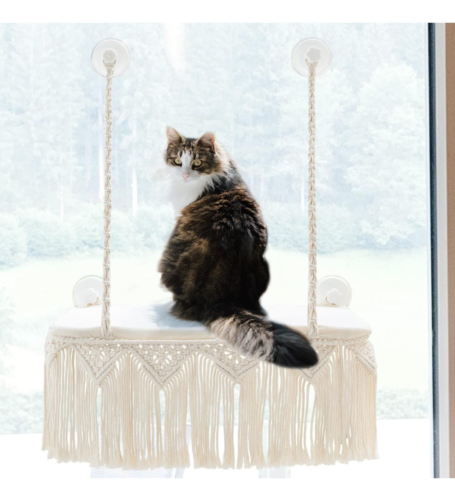 Dahey Macrame Cat Window Perch - Boho Cat Hammock Bed for Indoor Cats - Wall Mounted Pet Resting Seat with Tassel - Safety Space Saving Kitty Swing Shelf - Holds up to 45 lbs - Gift - Buy Online on GoSupps.com