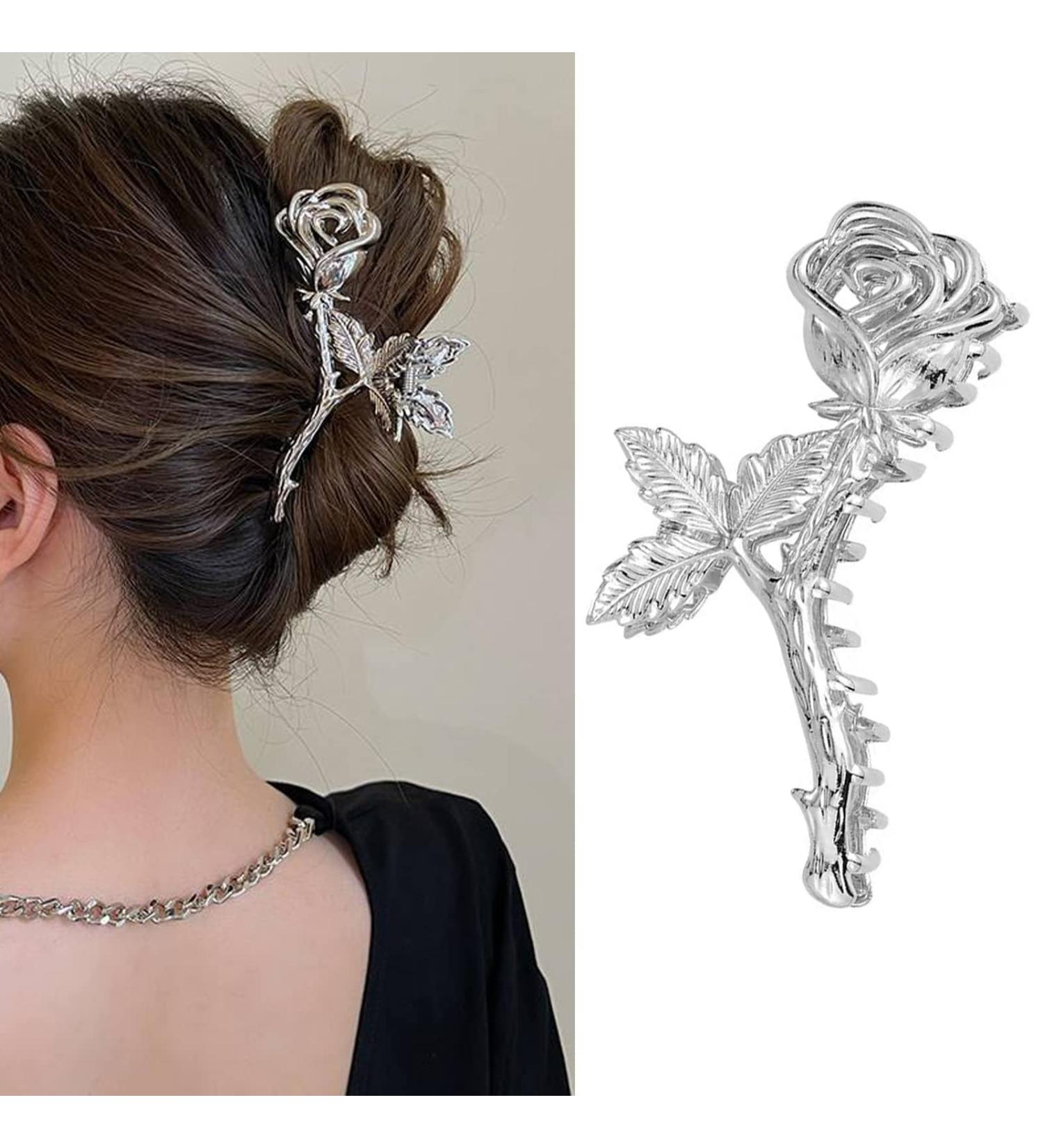 Metal Rose Flower Claw Clip - Non-Slip Large Headdress for Women and Girls - Silver Hair Claw for Thick Hair - Hair Accessories for Styling - Buy Online on GoSupps.com