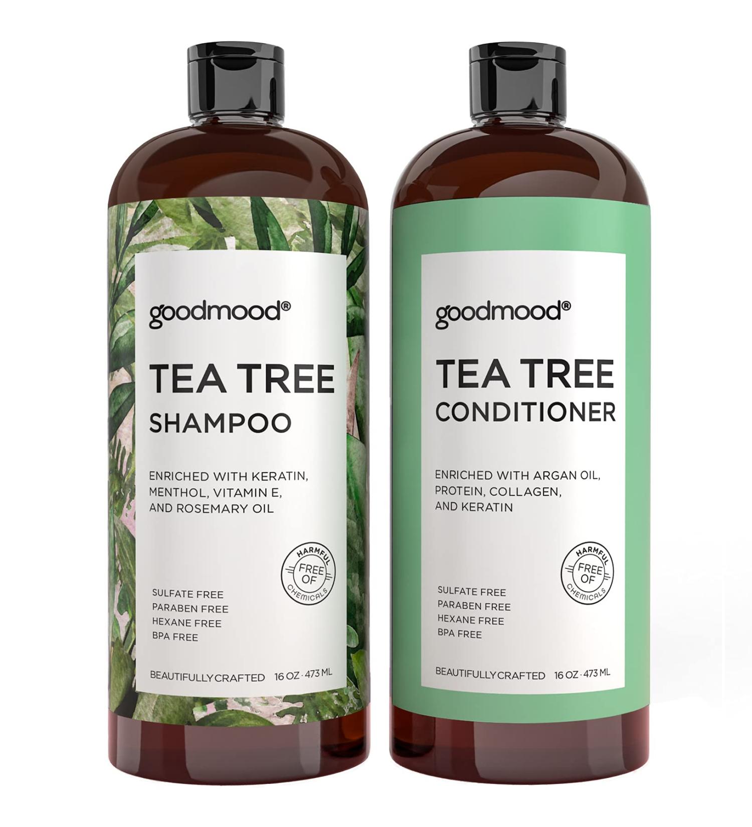 GoodMood Tea Tree Shampoo & Conditioner Set - Mint, Protein, Collagen & Silk - For Men and Women with DHT Blockers - Sulfate & Paraben Free - 2x16oz - Buy Online on GoSupps.com