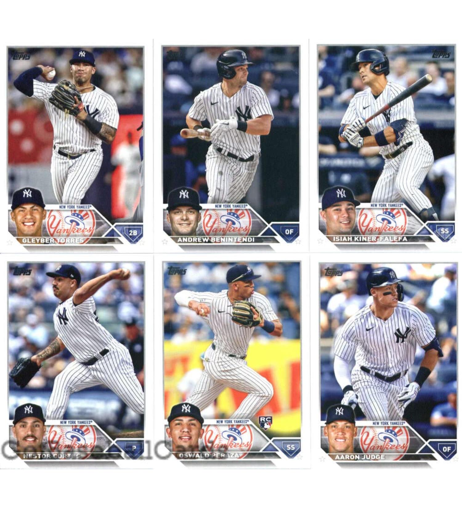 2023 Topps Series 1 New York Yankees Team Set of 9 Cards: Gerrit Cole(#45), Aaron Judge(#62), Josh Donaldson(#64), Oswald Peraza(#94), Nestor Cortes(#143), Isiah Kiner-Falefa(#162), Andrew Benintendi(#197), Aaron Judge(#245), Gleyber Torres(#299) - GotBas
