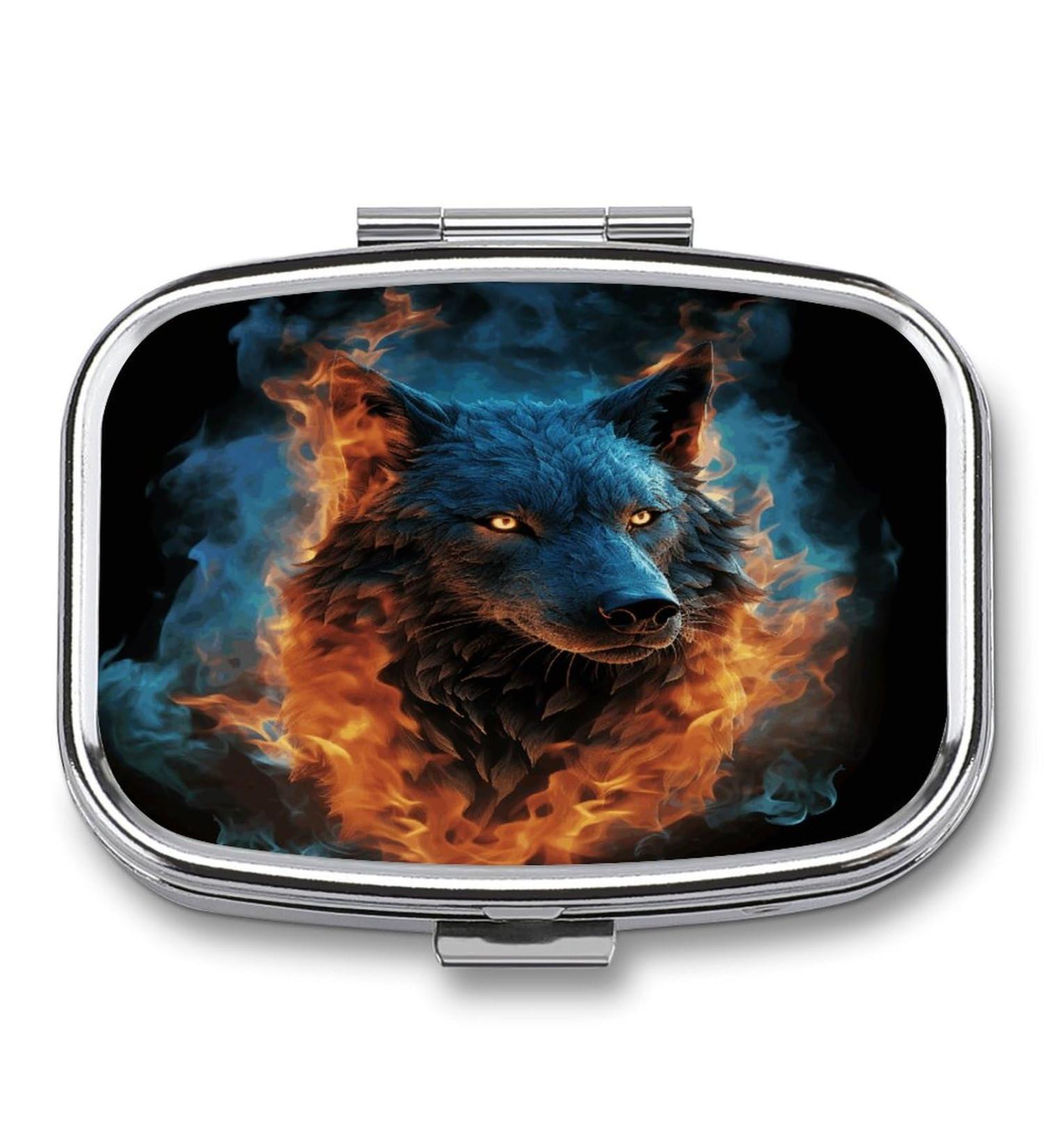 Blue Flames Wolf Head Pill Box - 2 Compartment Portable Metal Pill Organizer for Medicine Pocket & Purse - Buy Online on GoSupps.com