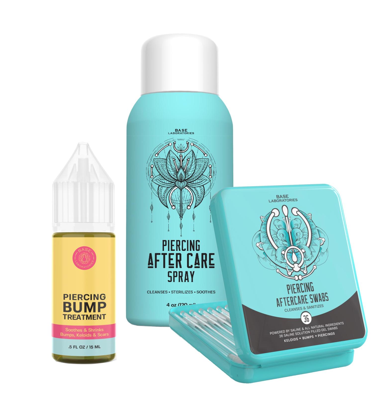 BASE LABORATORIES Ultimate Healing Piercing Aftercare Kit | Spray Keloid Treatment Oil & Cleaner Swabs - Saline Solution for Keloid Bump Removal - Buy Online on GoSupps.com