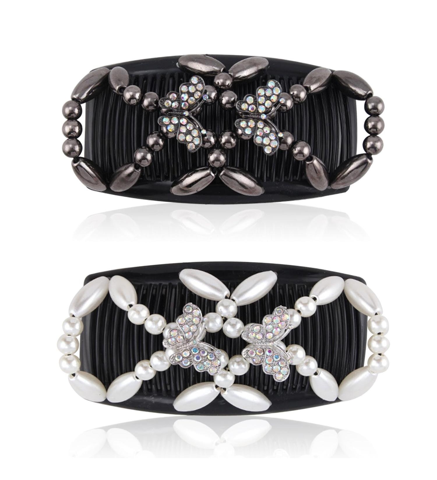 Kytpyi Hair Comb & Clips for Women - 2 Stylish Stretchy Accessories for Thick & Fine Hair - Durable Double Comb with Beads (Butterfly) - Perfect for DIY Hairstyles - Buy Online on GoSupps.com