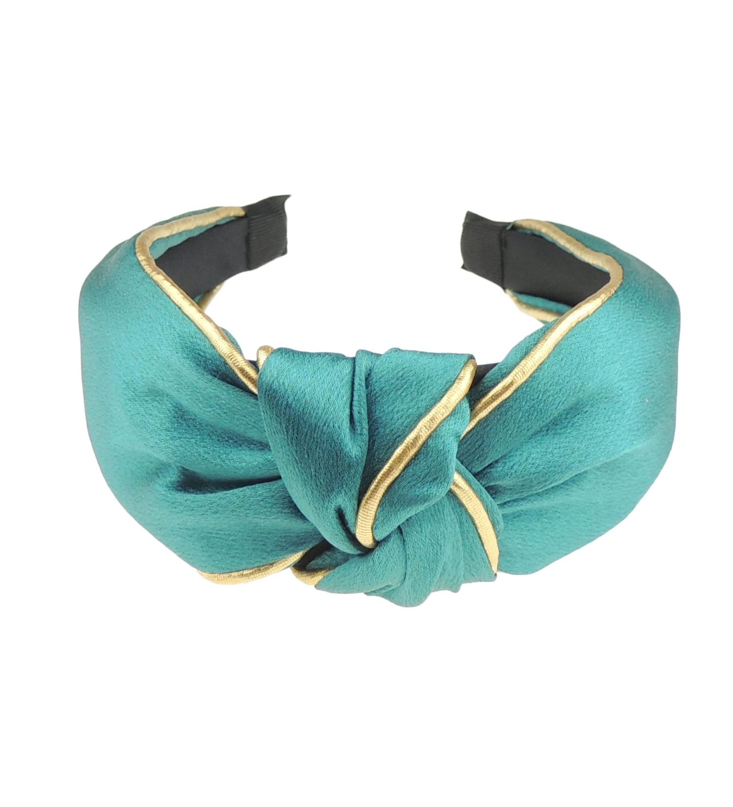 Ladies Girls Evening Gold Piping Trim Shiny Satin Top Knot Headband Alice Band (Turquoise)