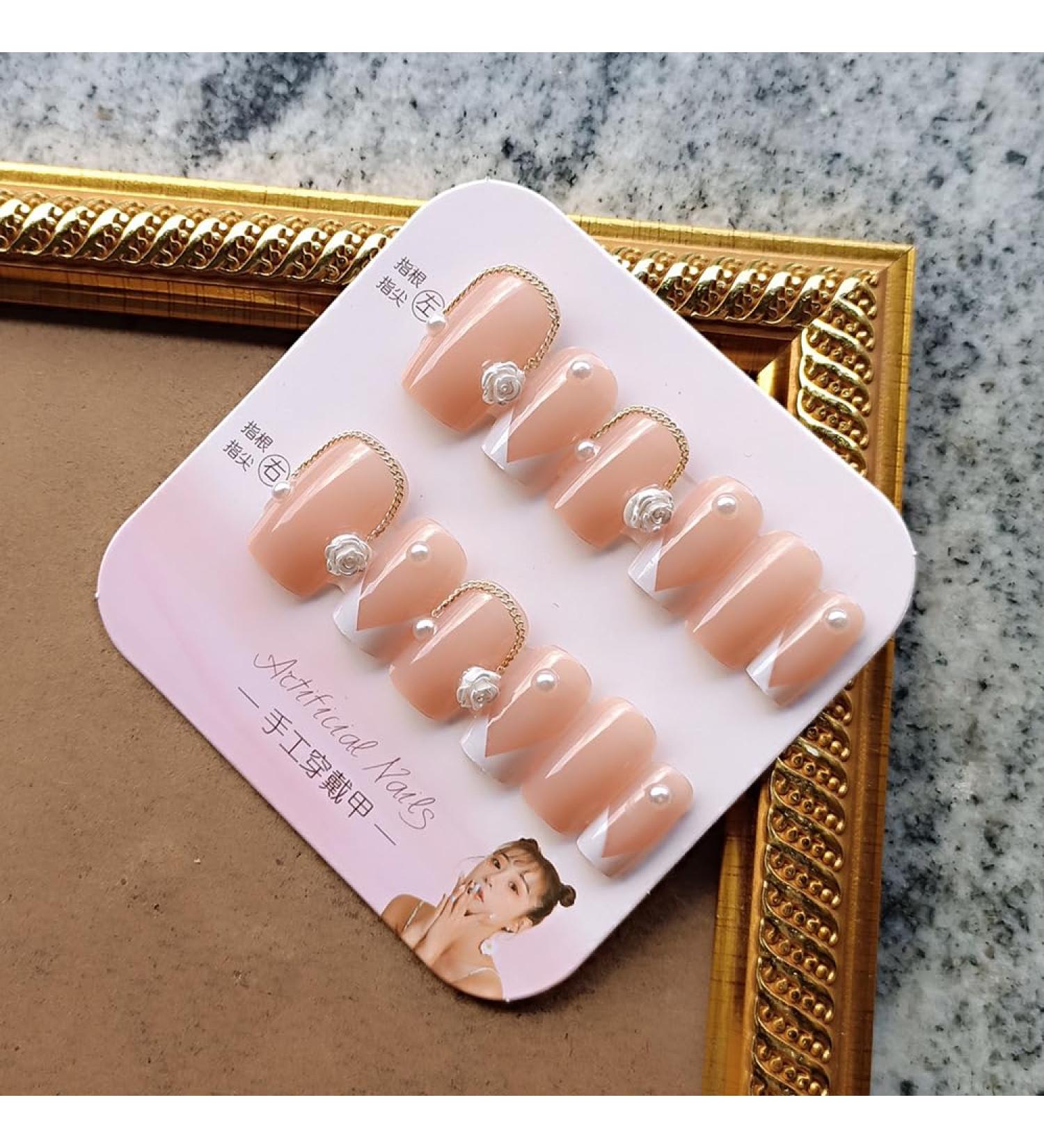 French Tip Press on Nails - Short Round Press On Nails with Nail Tips white Pearl and flower Design Glossy Naked Pink press on nails Acrylic False Nails Cute Artificial Nails - Buy Online on GoSupps.com