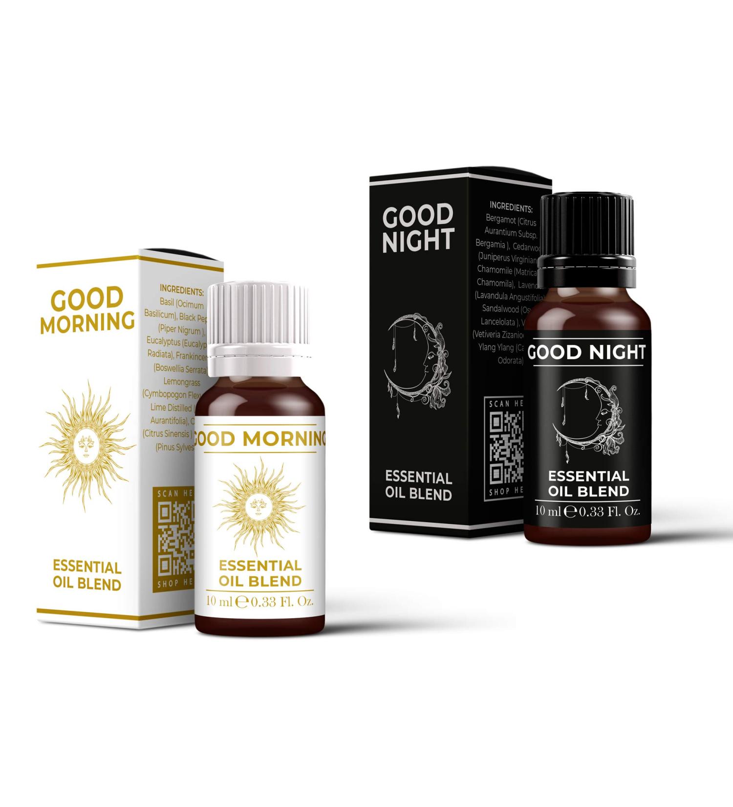 Mystix London Essential Oil Twin Pack | Good Morning & Good Night Blends (2x10ml) | Vegan GMO Free | Ideal for Diffusers Aromatherapy & Massages - Buy Online on GoSupps.com