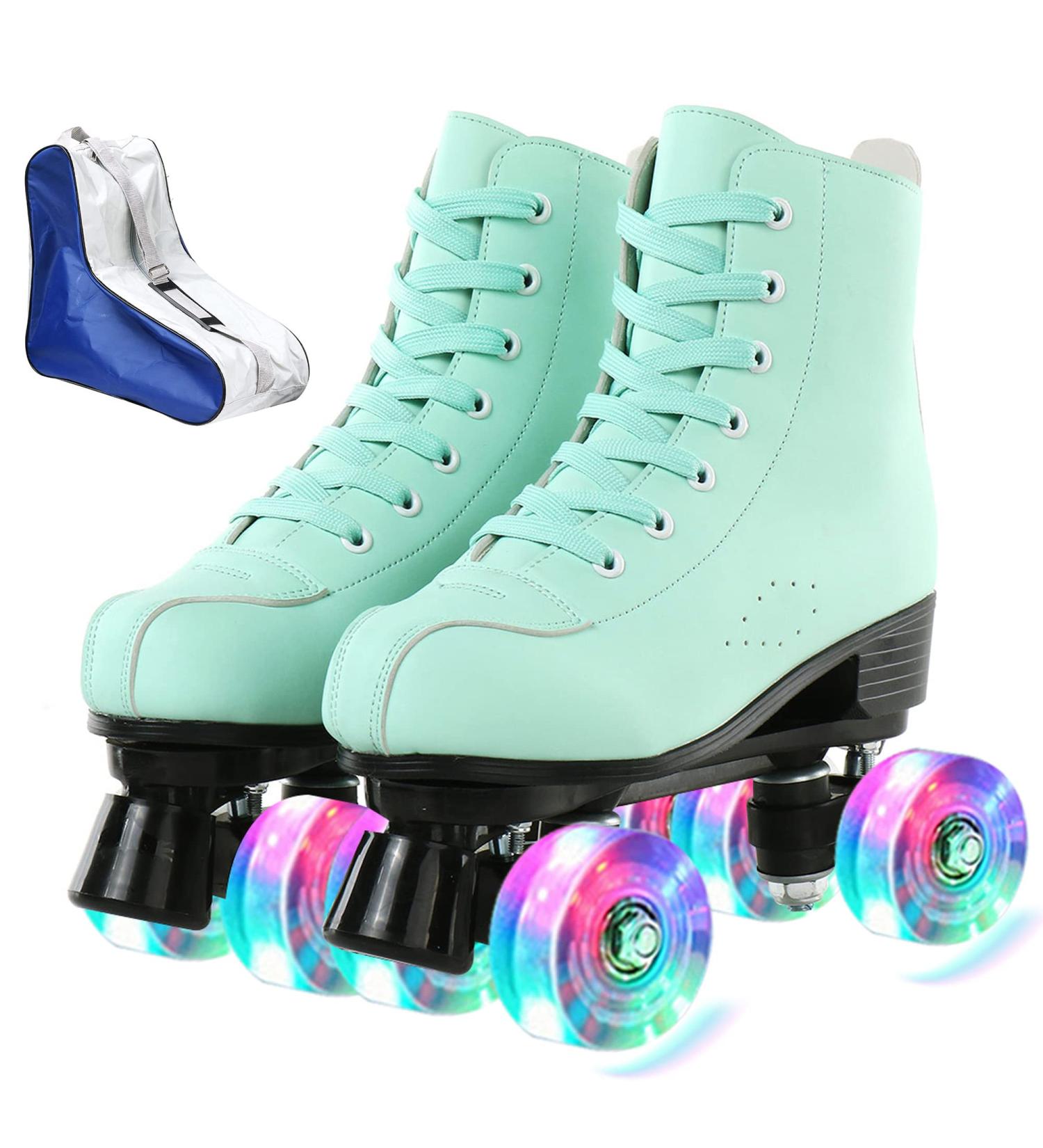 Cozy Green PU Leather High-top Roller Skates for Women | Beginner Indoor Outdoor Double-Row Skates with Flash Wheels - Size 37 - Buy Online on GoSupps.com