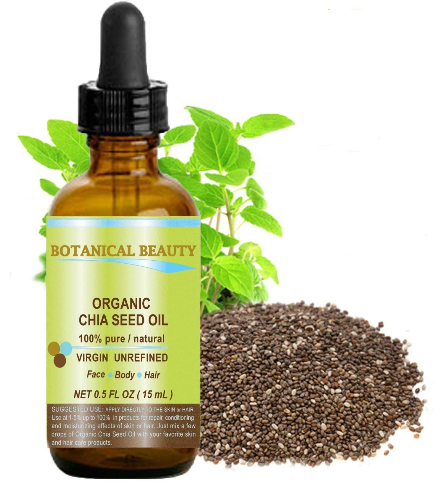 CHIA SEED OIL 100% Pure Natural Virgin Unrefined Cold-Pressed Carrier Oil 0.5 Fl oz 15 ml for Face Skin Body Hair Lip Nails. Rich in Vitamin E by Botanical Beauty
