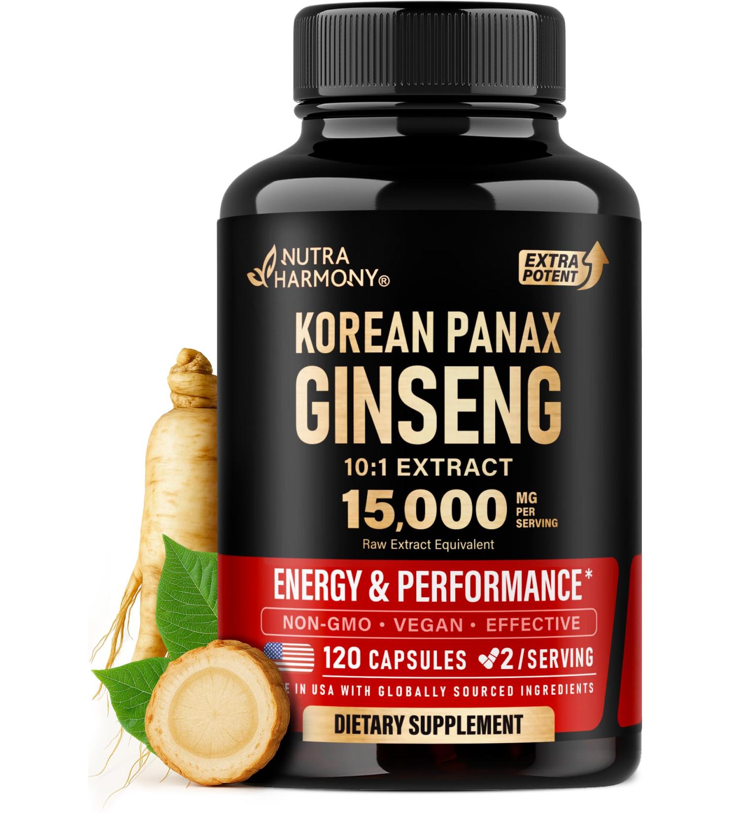 Panax Ginseng 15 000 mg - Red Korean Ginseng Supplement for Men - Extra Strength 10:1 Extract - Energy Focus Productivity & Performance - Natural & Vegan - Made in USA - 120 Capsules 2 Month Supply - Buy Online on GoSupps.com