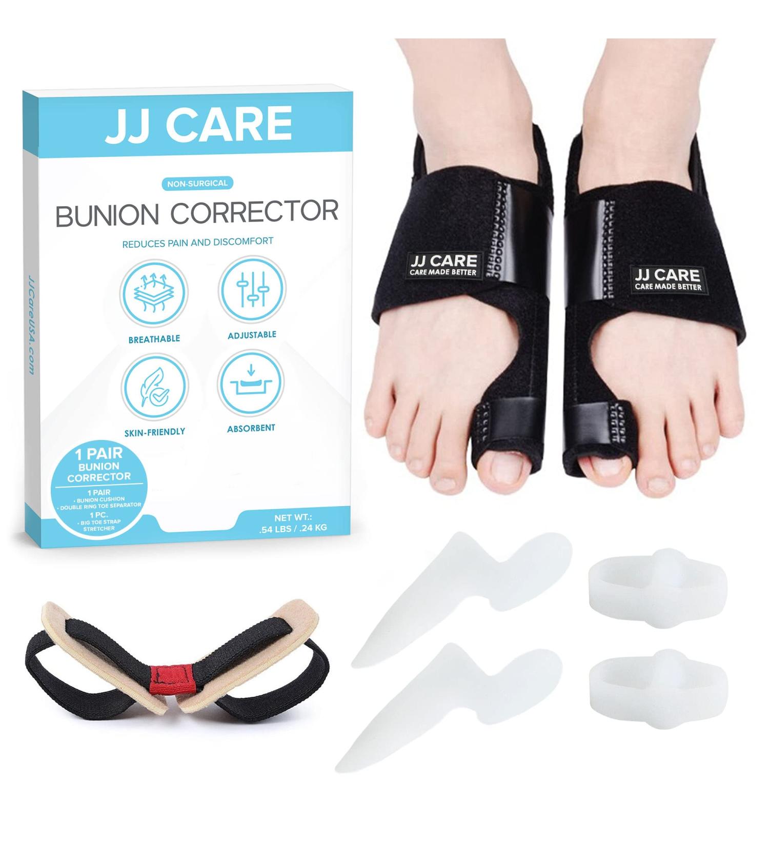 JJ CARE Adjustable Bunion Corrector for Men and Women - Toe Hallux Valgus Splint & Separator with Crank Cushion and Strap Stretcher - Buy Online on GoSupps.com