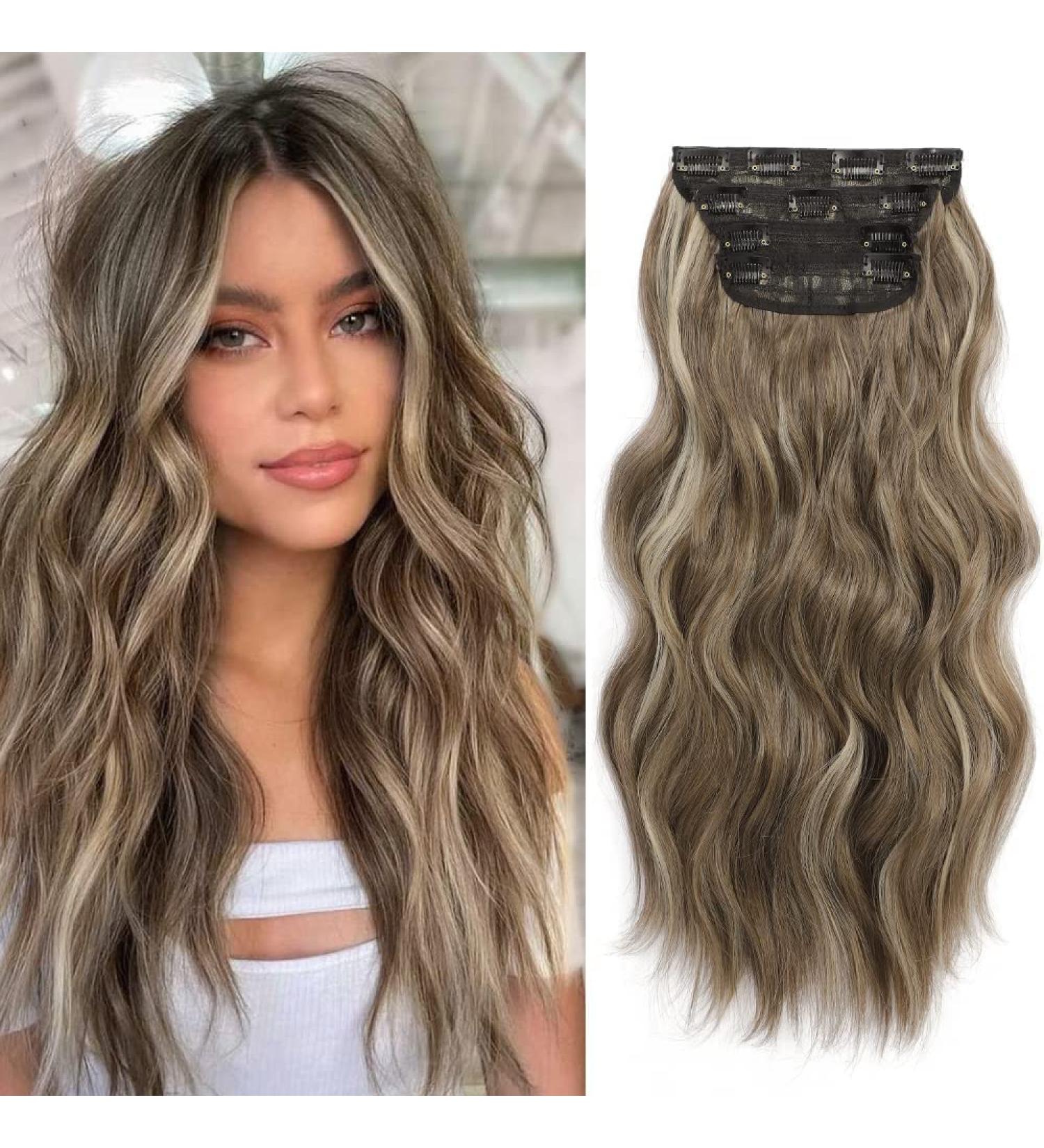 4PCS Thick Full Head Ash Brown Highlights 20 Inch Clip in Hair Extensions - Curly Wavy Synthetic Hairpieces - Buy Online on GoSupps.com