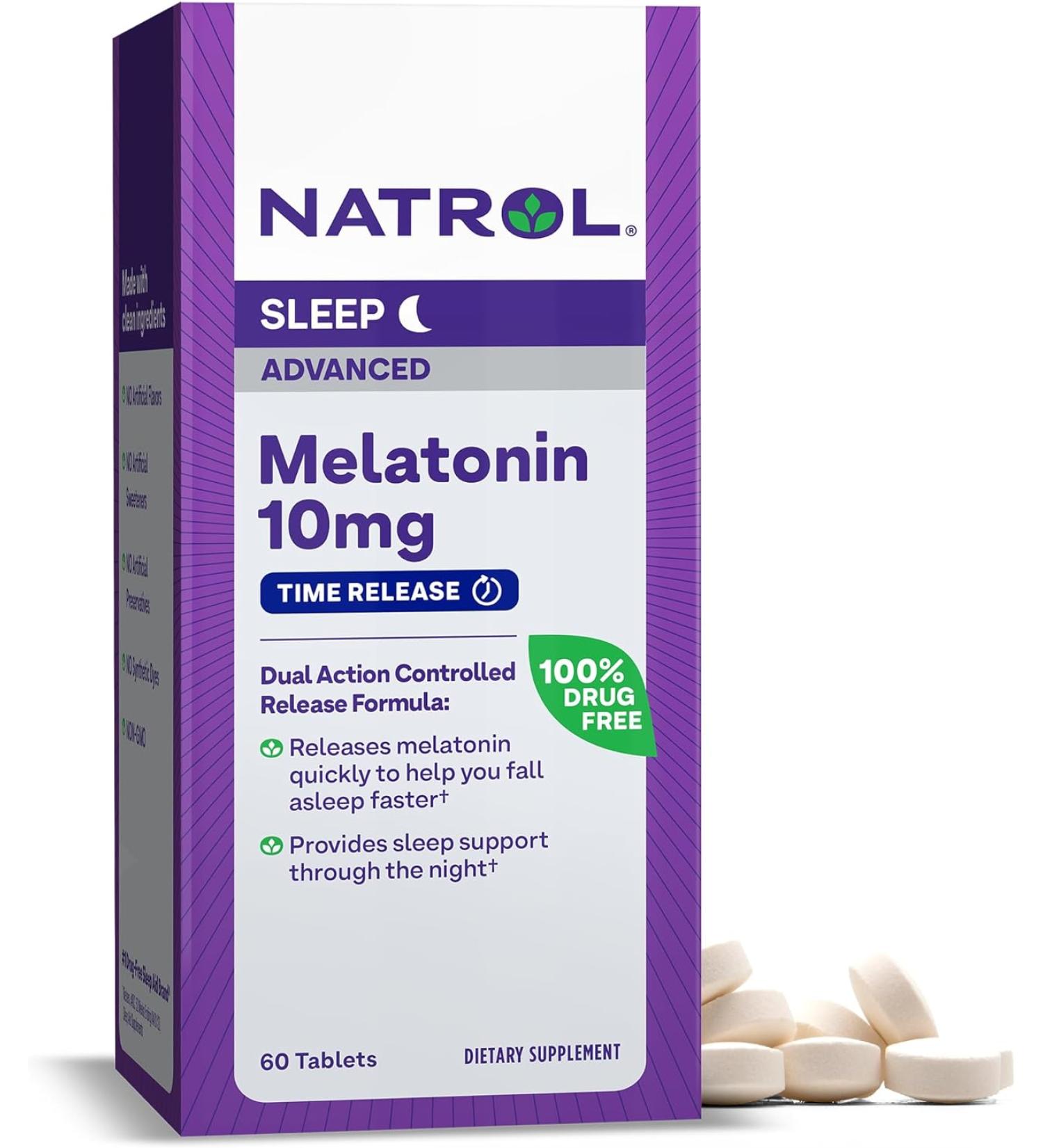Natrol Melatonin Advanced Sleep Tablets with Vitamin B6 - Fall Asleep Faster, Stay Asleep Longer - 10mg, 60 Count - 2-Layer Controlled Release - 100% Drug-Free - Buy Online on GoSupps.com