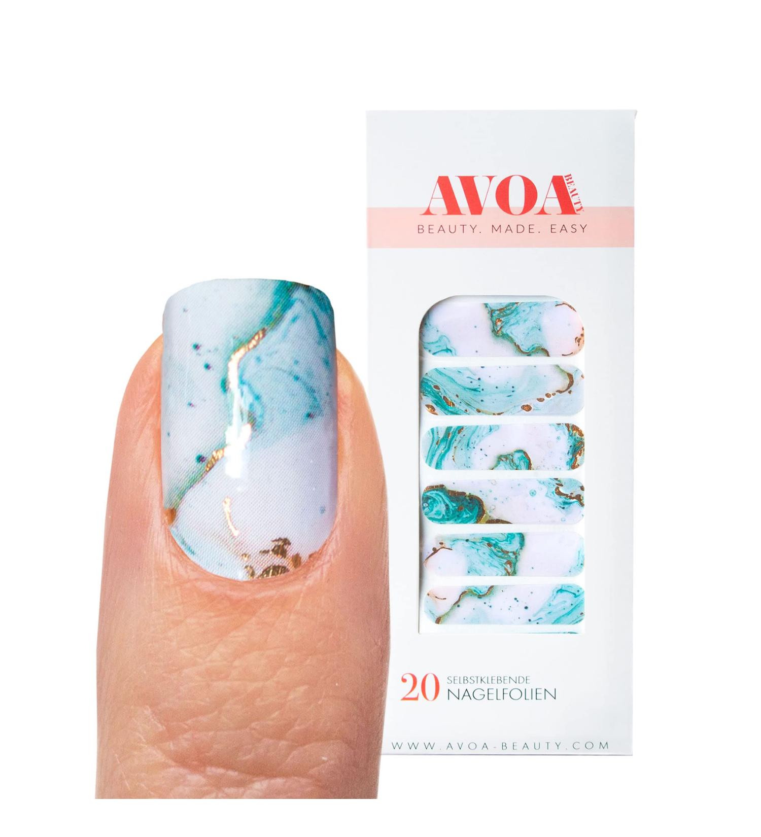 Avoa Beauty Nail Film - I Sea What You Did There | Turquoise White Gold Marble Nail Art Design | 20 Long-Lasting Self-Adhesive Nail Wraps for Stunning Manicure - Buy Online on GoSupps.com