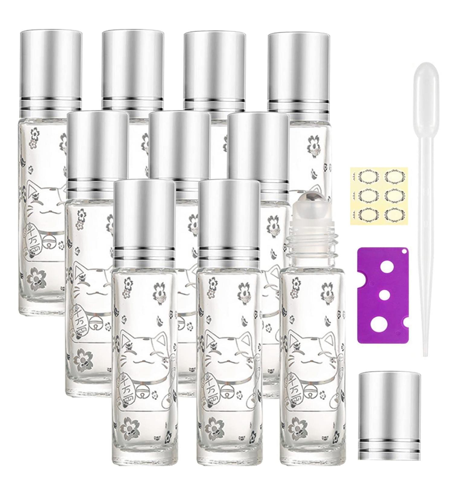 Alledomain 10Pcs 10ml Essential Oils Roller Bottles Clear Glass Roll on Bottles with Lucky Cat Pattern & Stainless Steel Roller & Silver Cap for Aromatherapy - Include Label Dropper & Opener - Buy Online on GoSupps.com