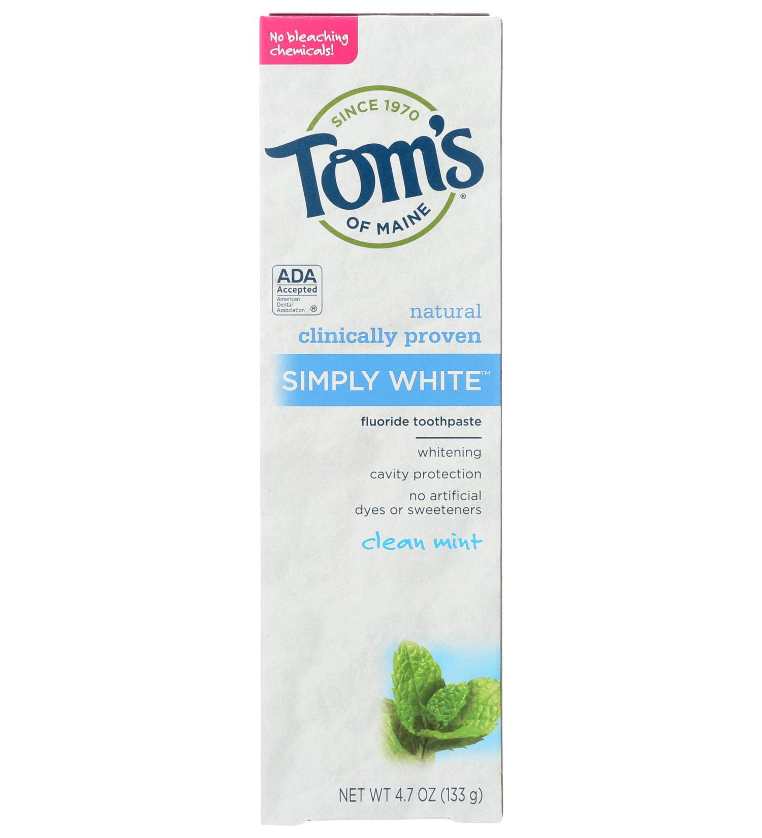Tom's of Maine Simply White Natural Toothpaste - Whitening Clean Mint 4.7oz | Natural Oral Care for Healthy Smiles - Buy Online on GoSupps.com