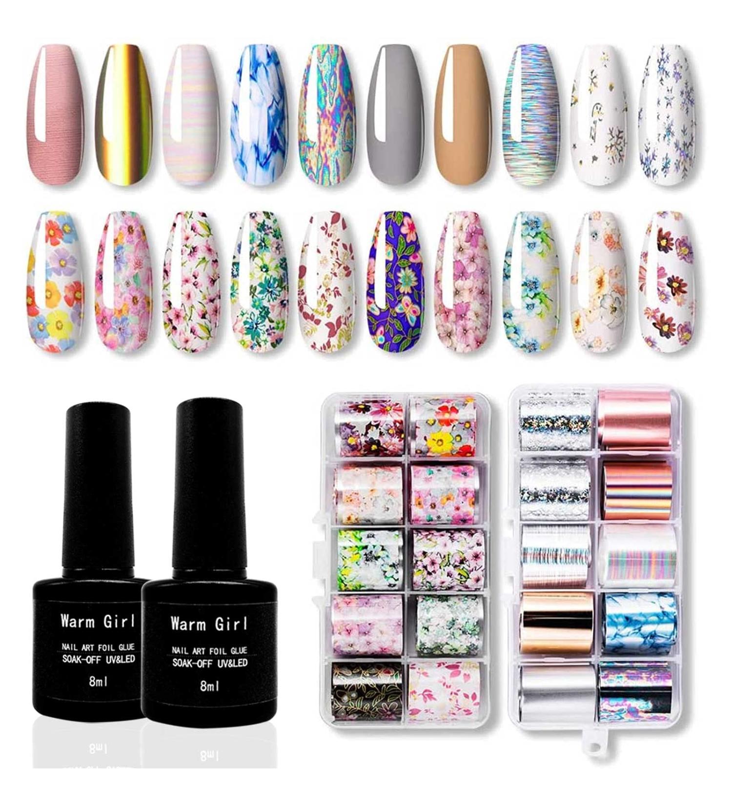 Warm Girl Nail Foil Art Set | 2 x 8ml Transfer Gel, 20 Foil Stickers | Nail Art Decoration Kit with UV/LED Lamp Required - Buy Online on GoSupps.com