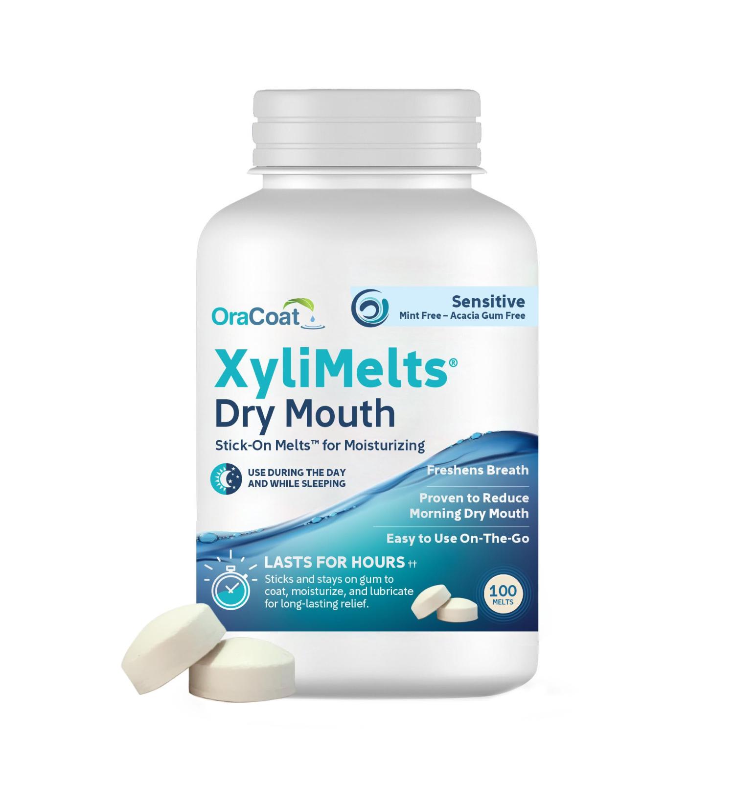 OraCoat XyliMelts Dry Mouth Relief Stick-On-Melts for Sensitive Mouths Mint-Free and Acacia Gum-Free with Xylitol 100 Count Non-Acidic Day & Night User Long Lasting 8-Hour Moisturizing Relief