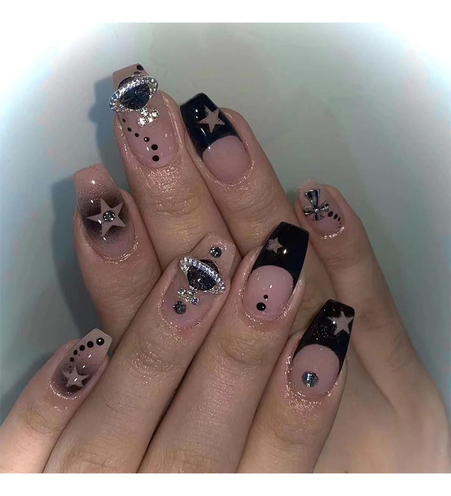 Mervf Black French Tip Coffin Press on Nails with Planet Rhinestones | 24pcs Medium Fake Acrylic Nails for Women - Buy Online on GoSupps.com