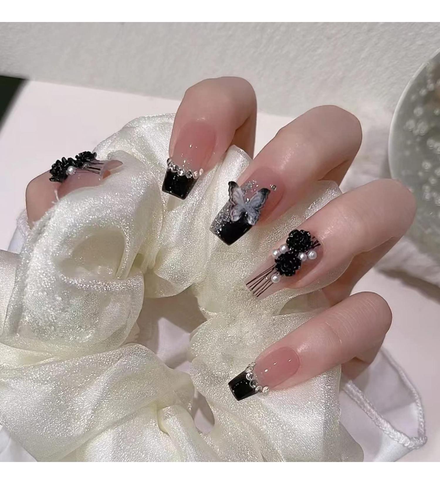 Black Flame Love Heart Bow with Diamond Shining Pearl Cute Cat 24pc False Nails Wearable Fake Nails Set Press On Nail with Glue QXJ-163