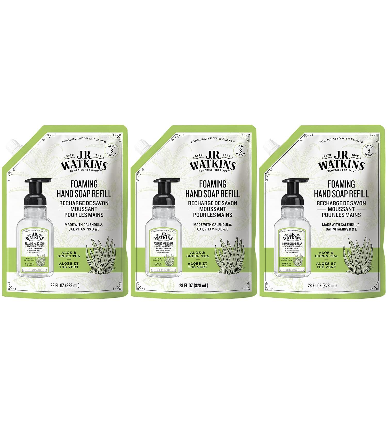 J.R. Watkins Aloe & Green Tea Foaming Hand Soap Refill - 28 fl oz (Pack of 3) | All Natural, Moisturizing, Alcohol-Free, Cruelty-Free, USA Made - Buy Online on GoSupps.com