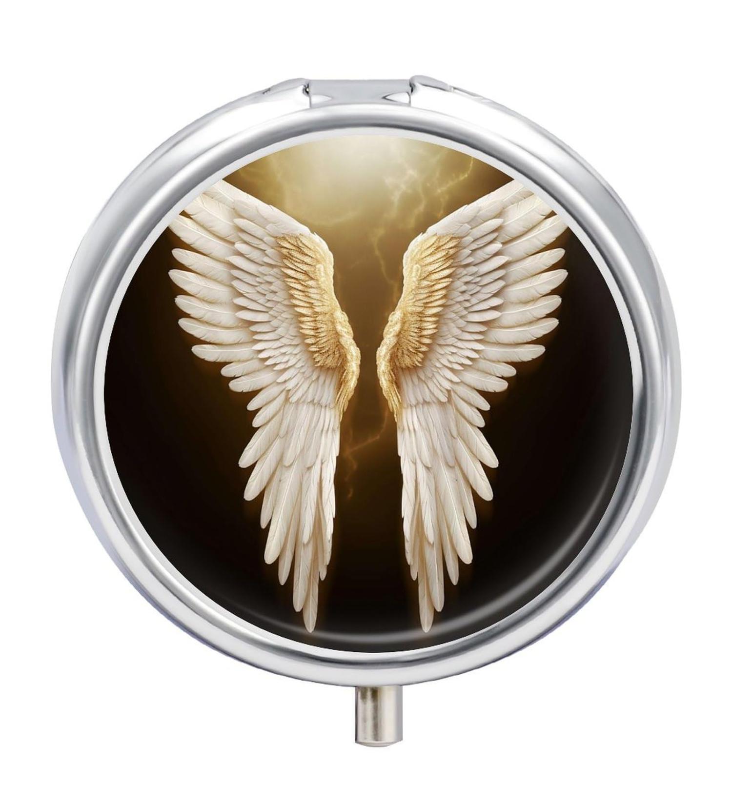 Round Pill Box with Angel Wing Print | 3 Compartment Decorative Metal Pill Organizer | Portable Pocket Pill Case - Buy Online on GoSupps.com