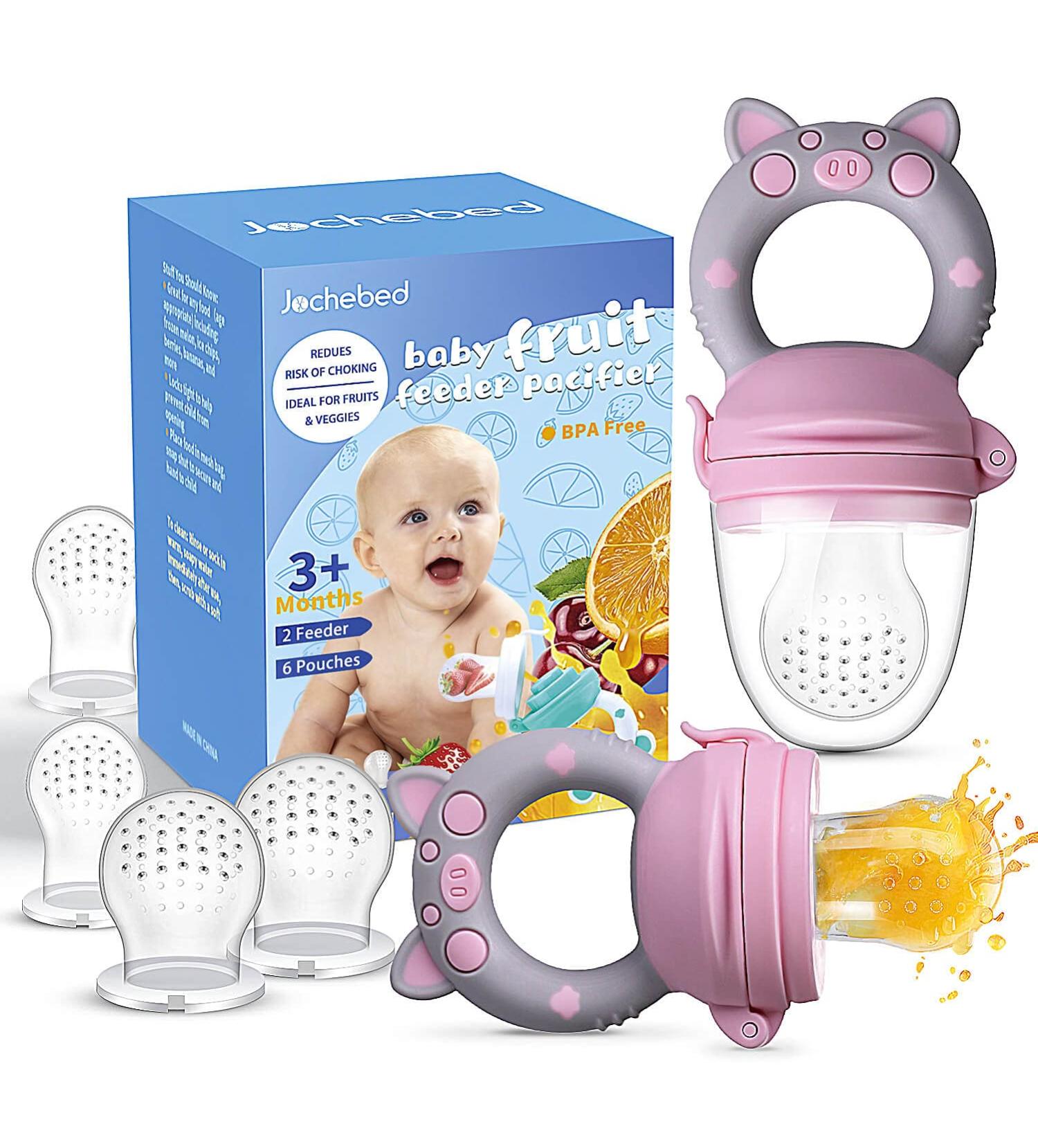 Baby Fruit Food Feeder Pacifier - Teething Toy for 3-24 Months | 6 Silicone Pouches | Piggy Handle 2-Pack | Toddlers & Kids & Babies | Pink & Gray - Buy Online on GoSupps.com