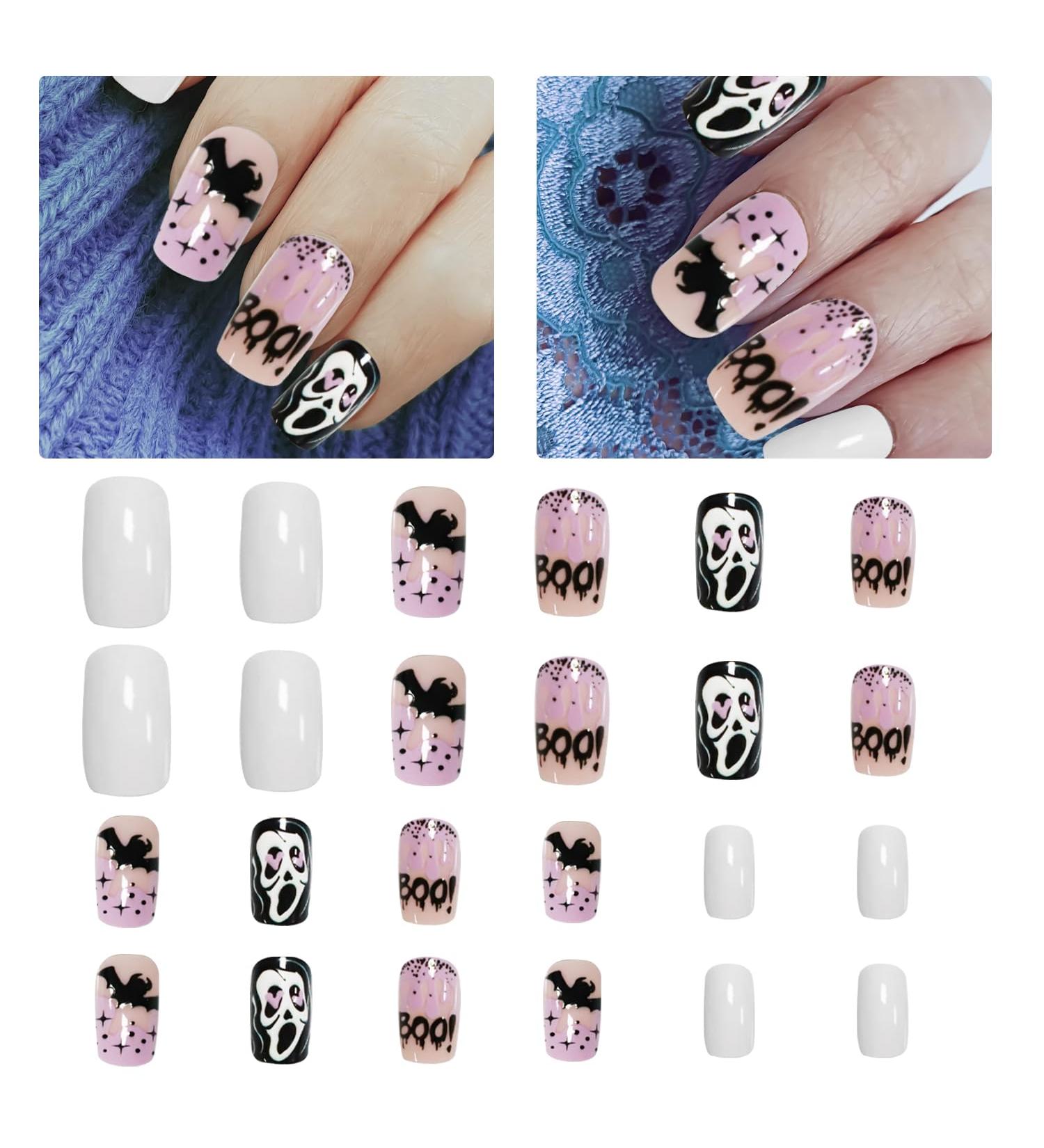 CHEERYMAGIC Halloween False Nails Pink Halloween Short Square Press On Nails with Glue Ghost Bat False Nails Full Cover Glue on Nails for Women and Girls Manicure Decorations A9FSGGJP - Buy Online on GoSupps.com