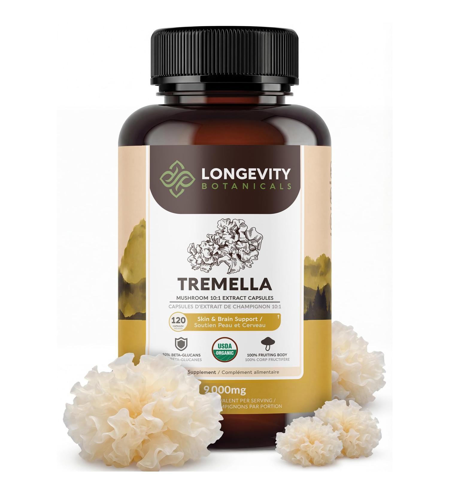 Organic Tremella Mushroom Capsules Supplement (120) | Fruiting Body 10:1 High Strength Snow Fungus Extract | 10% Beta-D Glucans | 9 000mg Raw Equivalent Per Serving | Skin Hydration & Brain Support - Buy Online on GoSupps.com