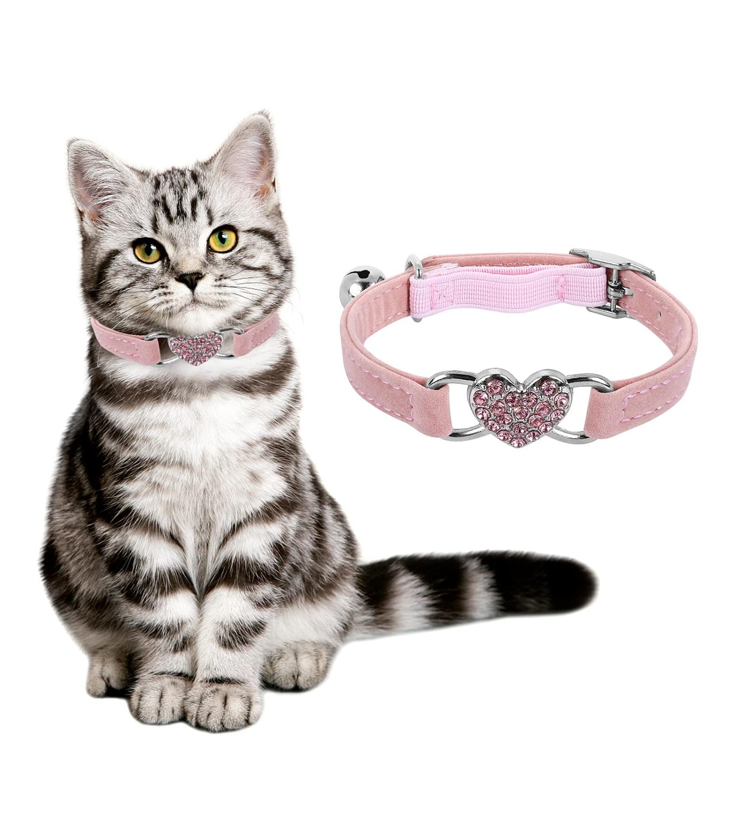 Shop Cobee Bling Heart Cat Neck Band with Bell - Adjustable Rhinestone Collar for Small Cats & Dogs - Pink - Buy Online on GoSupps.com
