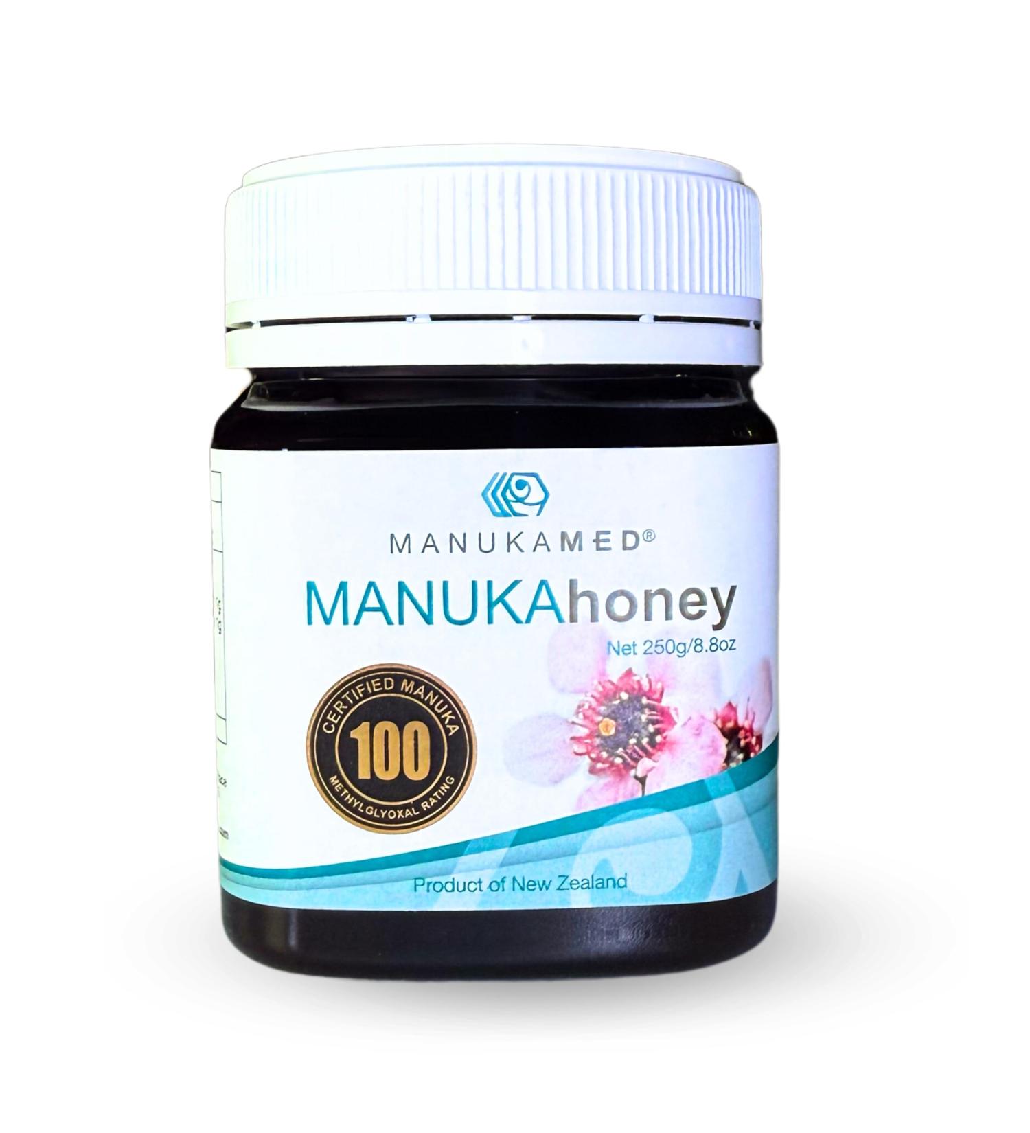 ManukaMed Manuka honey from New Zealand 100% pure with a certified content of methylglyoxal Natural product Manuka honey 250 g (MGO+100) - Buy Online on GoSupps.com