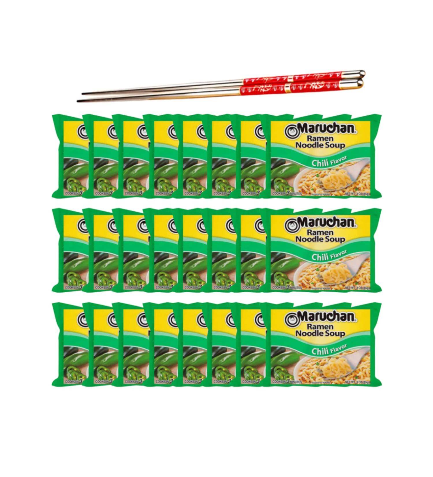 Ja Cor Instant Ramen Noodle Soup Chili Flavor Noodles Bulk Pack 3 oz Package Bundle with 1-Set of Reusable Stainless Steel Chopsticks (24 Individual Packs) - Buy Online on GoSupps.com