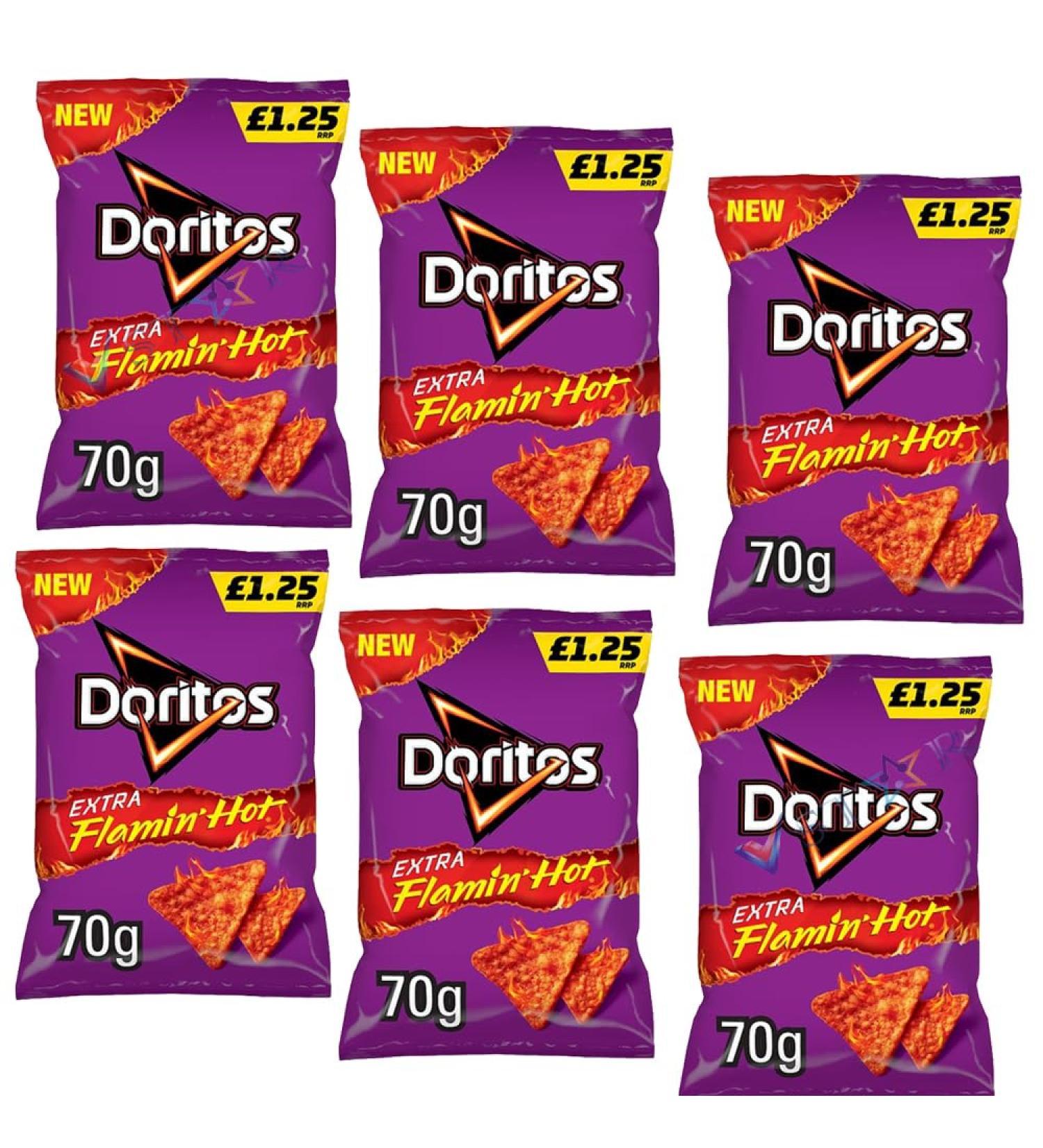 Walkers New Extra Flamin' Hot Snacks Extra Hot Xtra Spicy Crisps Multipacks PM 1.25 (Pack of 6 Doritos Extra Flamin Hot)
