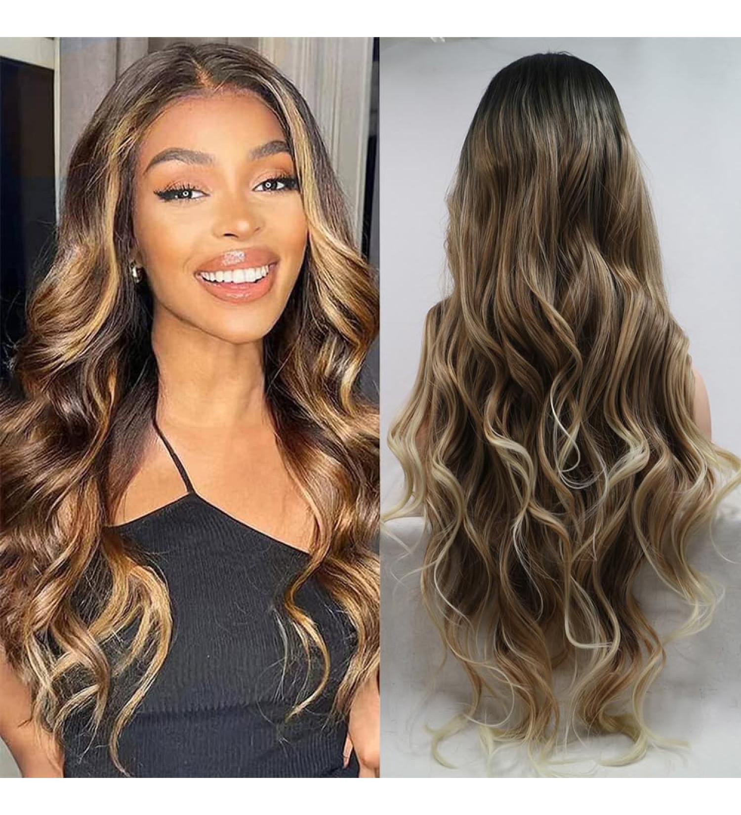Buy xiweiya 26-Inch Long Natural Brown Wig with Blonde Tips - 3 Tones Loose Curly Synthetic Lace Front Hair for Mermaid Drag Queen Party - Heat Resistant Fiber - Buy Online on GoSupps.com