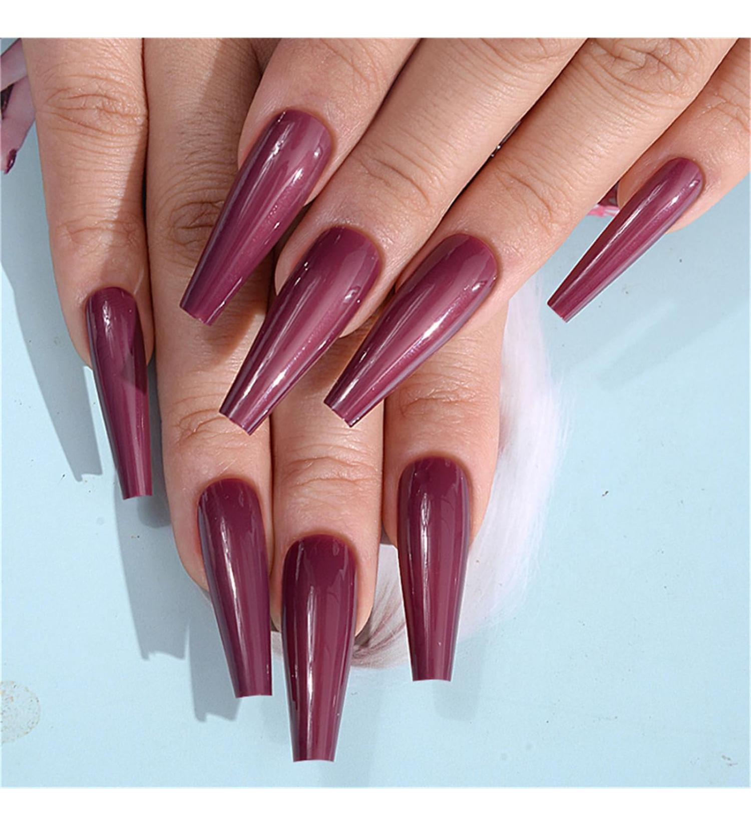 Wine Red Color Glossy Fake Nail Coffin Long Press on Nails Tips Nail Art Decoration for Women and Girls Manicure 24pc - Buy Online on GoSupps.com
