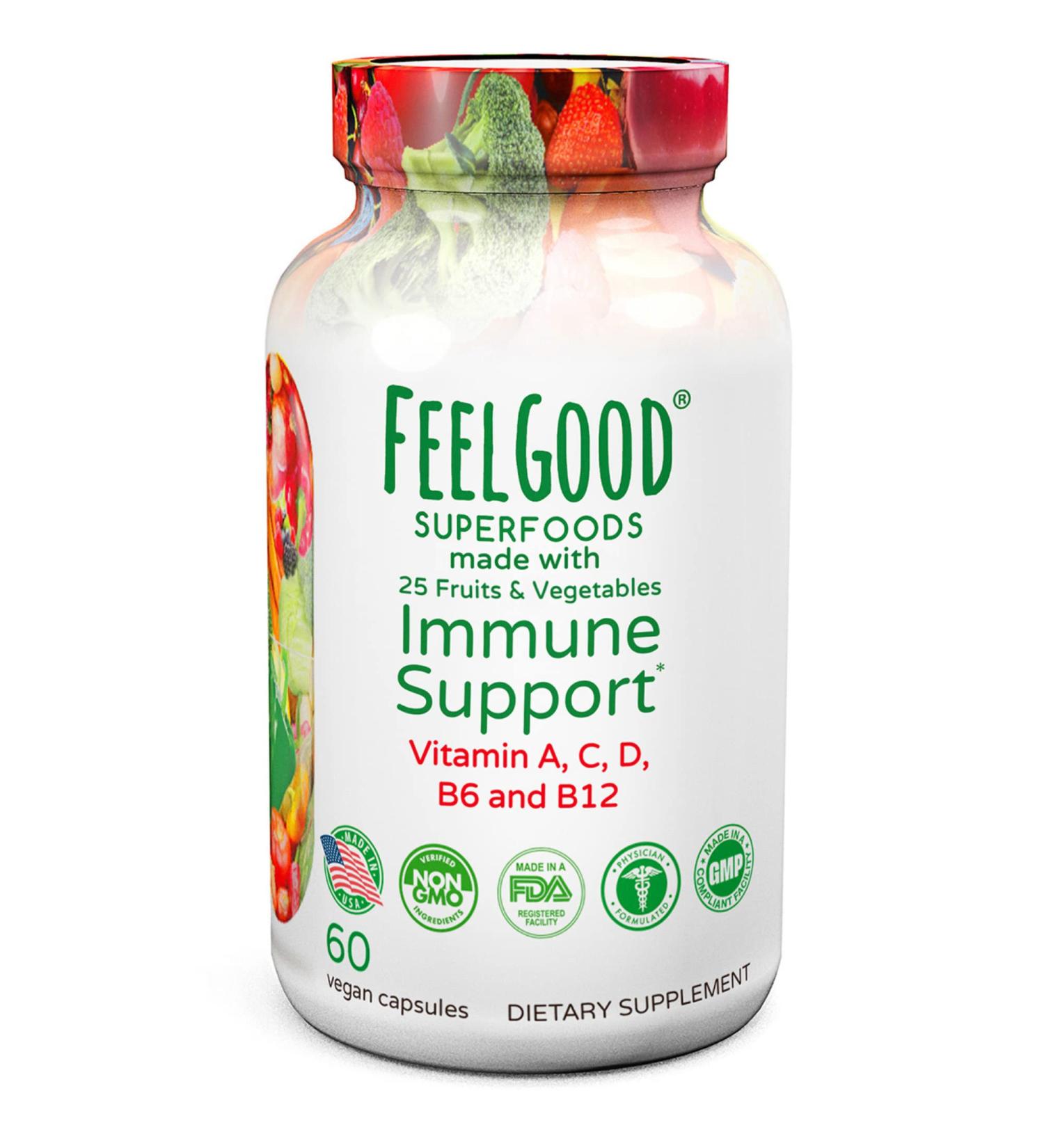 FeelGood Superfoods 1000mg Immune Support Capsules | 25 Organic Fruits & Vegetables | Vitamins A C D3 & Zinc | Strong Immunity Boost | 60 Count - Buy Online on GoSupps.com