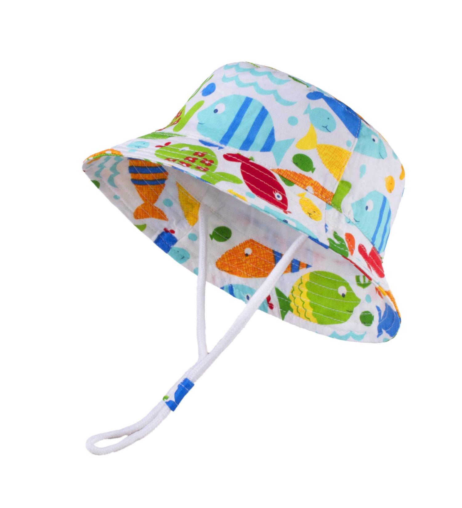 LANGZHEN Beach Sun Protection Hat for Baby Girls | Adjustable Wide Brim Summer Play Hat with Chin Strap | Colorful Fish Design | 4-8 Years - Buy Online on GoSupps.com