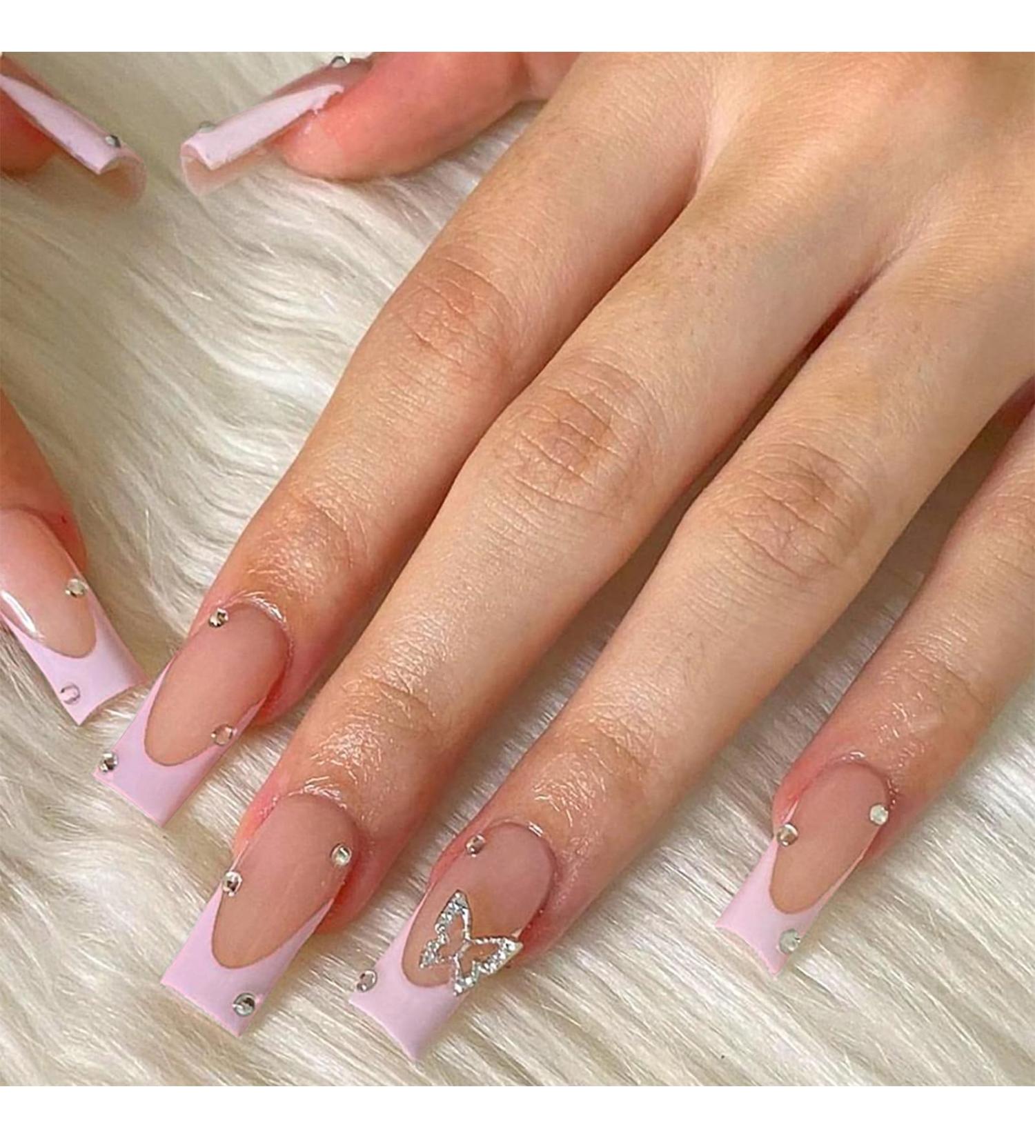 Kotkiddy 24pcs Long Press on Nails - Black French Tips Butterfly Rhinestone Glossy Coffin Fake Nails - Full Cover Stick On Nails - Buy Online on GoSupps.com