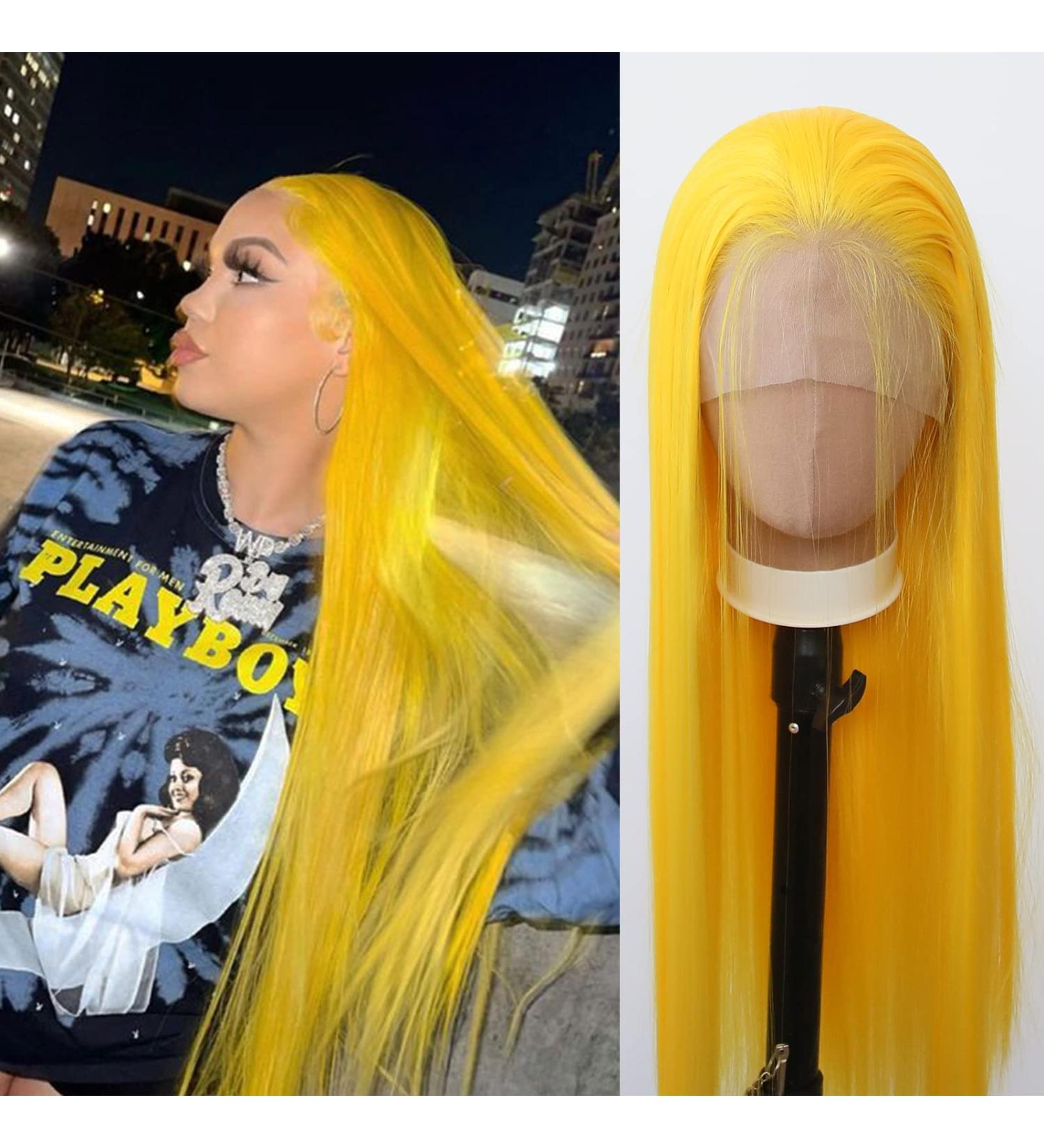 Yellow Synthetic Lace Front Wig for Black Women - Long Straight Heat Resistant Fiber Hair with Baby Hair - Ideal for Cosplay and Daily Wear - Buy Online on GoSupps.com