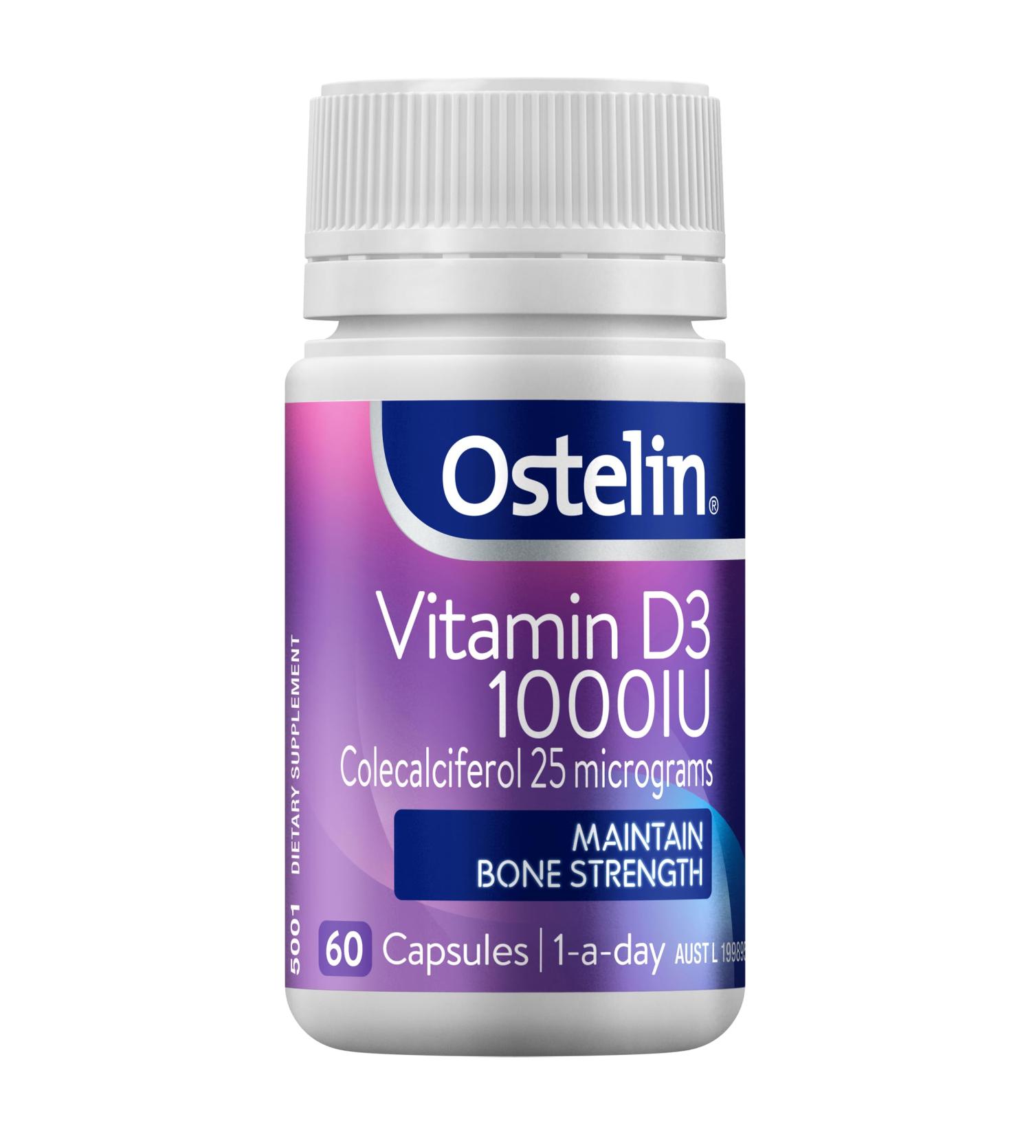 Ostelin Vitamin D3 for Keeping Bones and Muscle Healthy and Strong - Boost Your Immune System - 1000IU - 1 Daily Supplement - 60 Capsules - Buy Online on GoSupps.com