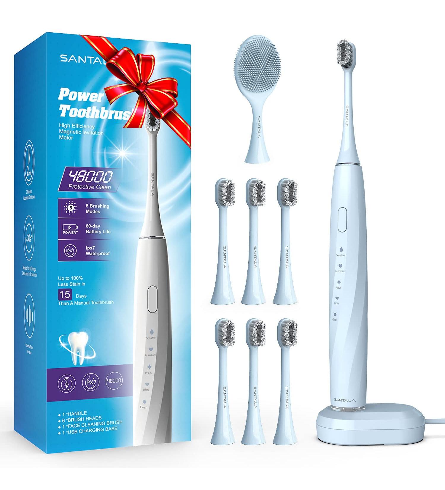 SANTALA UltraSonic Electric Toothbrush | 6 Brush Heads | Waterproof | 5 Modes | 100 Days Battery Life | 48000 VPM Motor | Blue - Buy Online on GoSupps.com