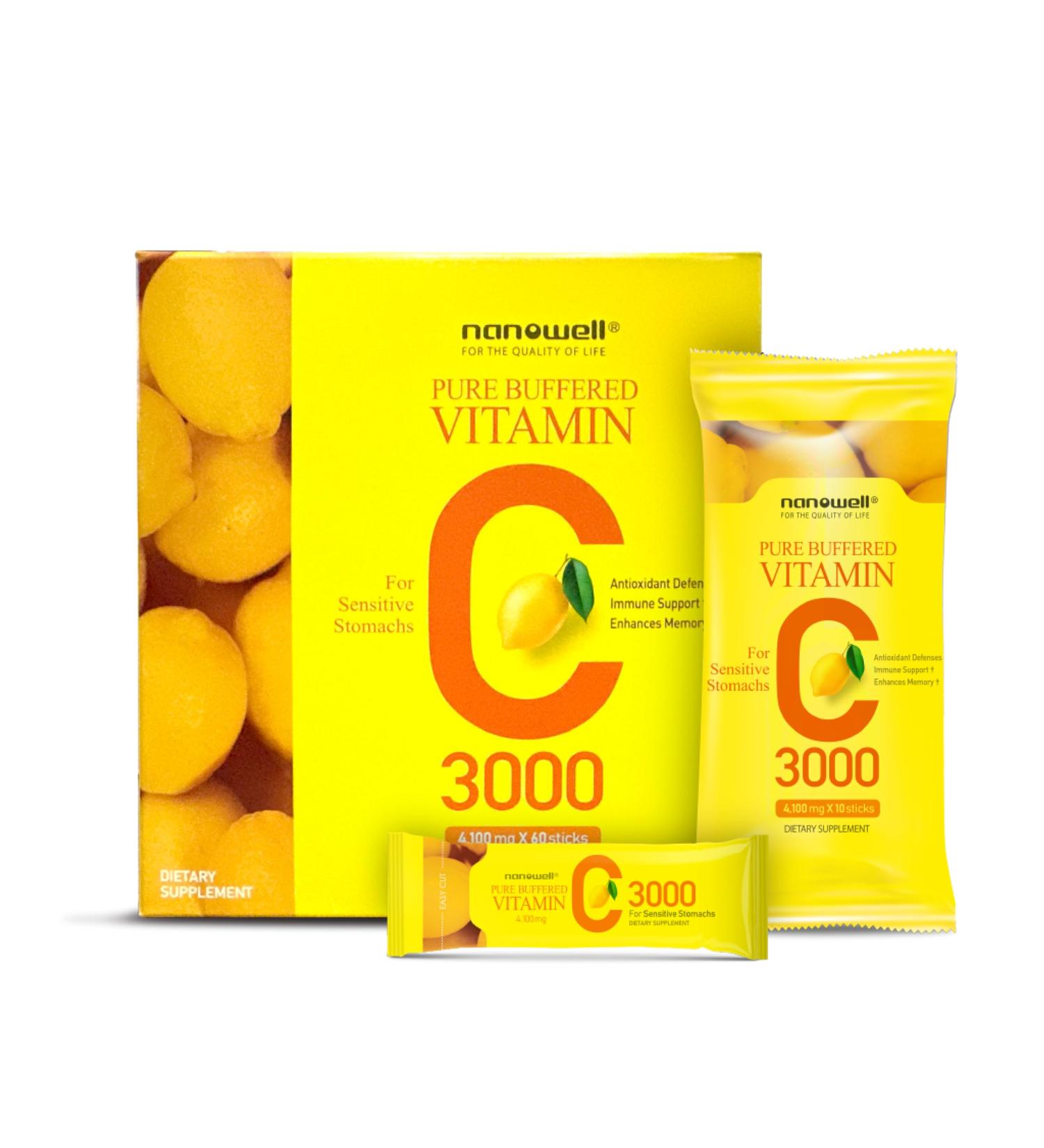 NANOWELL Pure Buffered Vitamin C 3000 mg per Serving Dietary Supplement for Immune Support - 60 Sticks x 1 Box 2 Months Supply (60 Count) 3 000 mg Powder - Buy Online on GoSupps.com