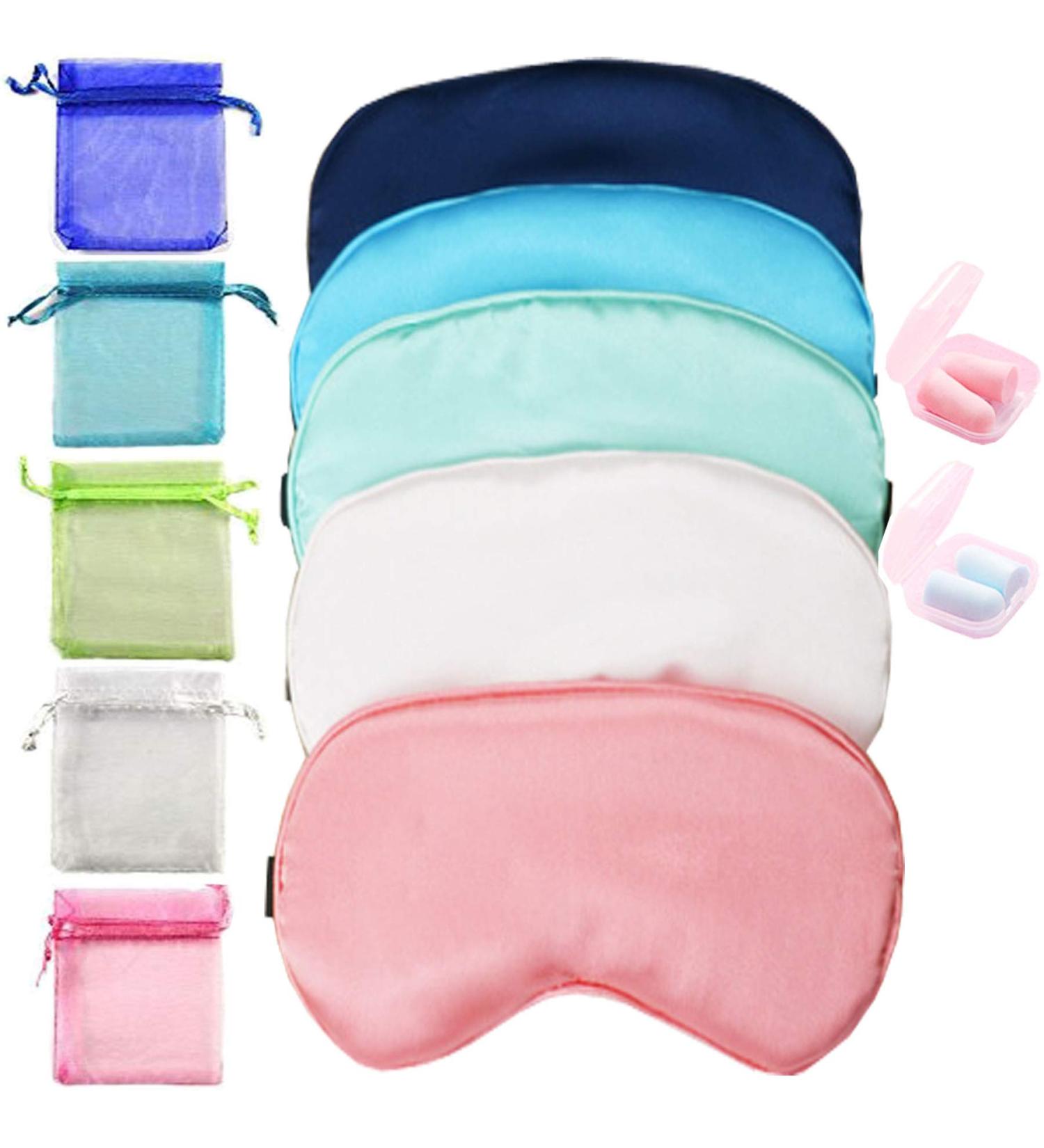 HappyDaily Pack of 5 Elegant and Comfortable Silk Sleep Masks with Boxed Soft Foam Ear Plugs and Beautiful Travel Pouches (Watermelon Red/White/Green/Sky Blue/Blue)