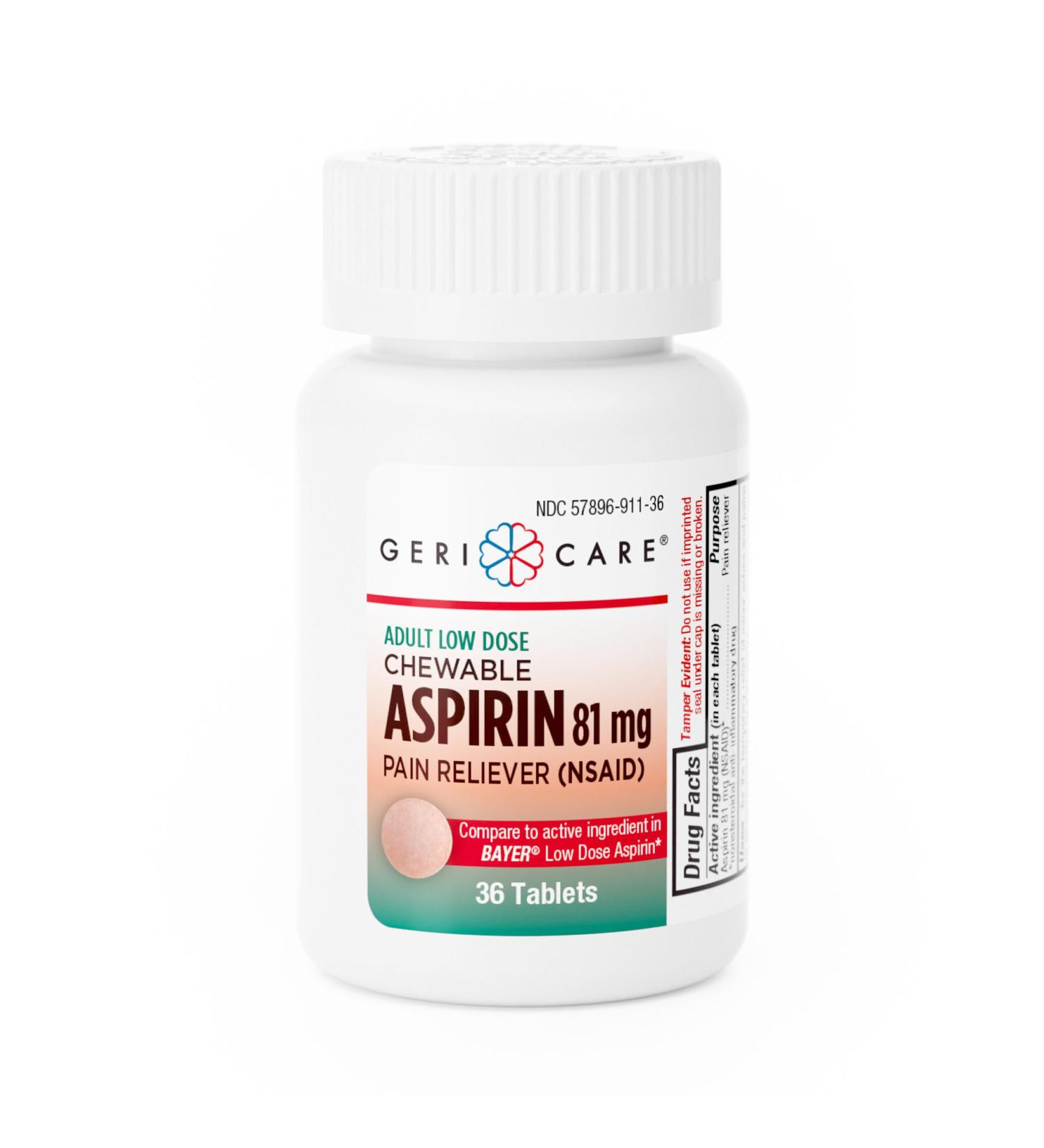 GeriCare Low Dose Adult Chewable Aspirin 81mg Pain Reliever Fever Reducer 36 Count (Pack of 4) - Buy Online on GoSupps.com